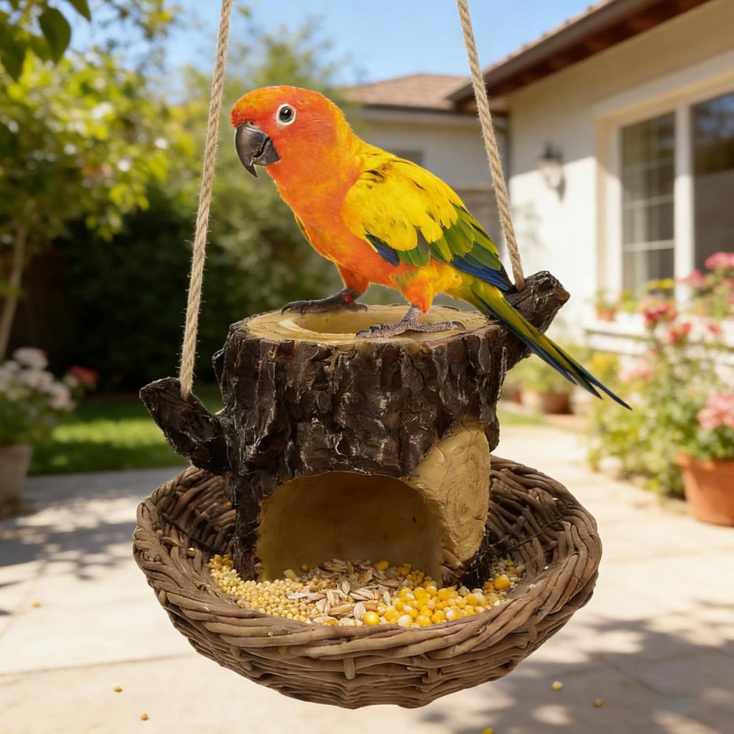 Bird Feeders for Outside, Tree Stump Shaped Birdwatching Feeding Station Tray for Wild Birds, Parrots, Cockatiels, Finches, Lovebirds, Budgies, Canary