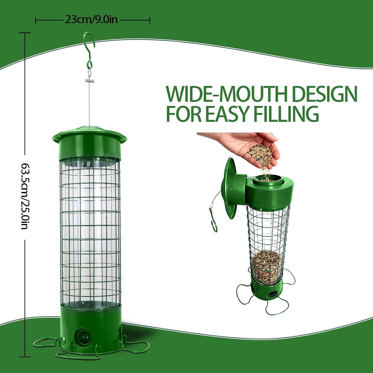 Squirrel-Proof Outdoor Bird Feeder Weight-Activated Squirrel-Proof Bird Feeder 33.5 inches Tall Wide-Mouth Design Green (Green)