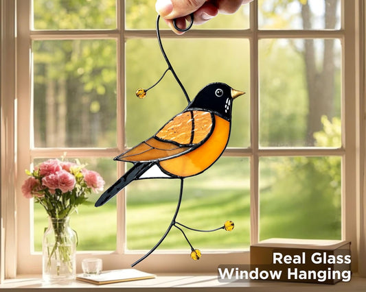 American Robin Stained Glass Window Hanging - Handmade Real Glass Robin Bird Suncatcher for Women, Mom, Grandma - Elegant Gifts Box Home Decor (H7.9xW4.1 Inch)
