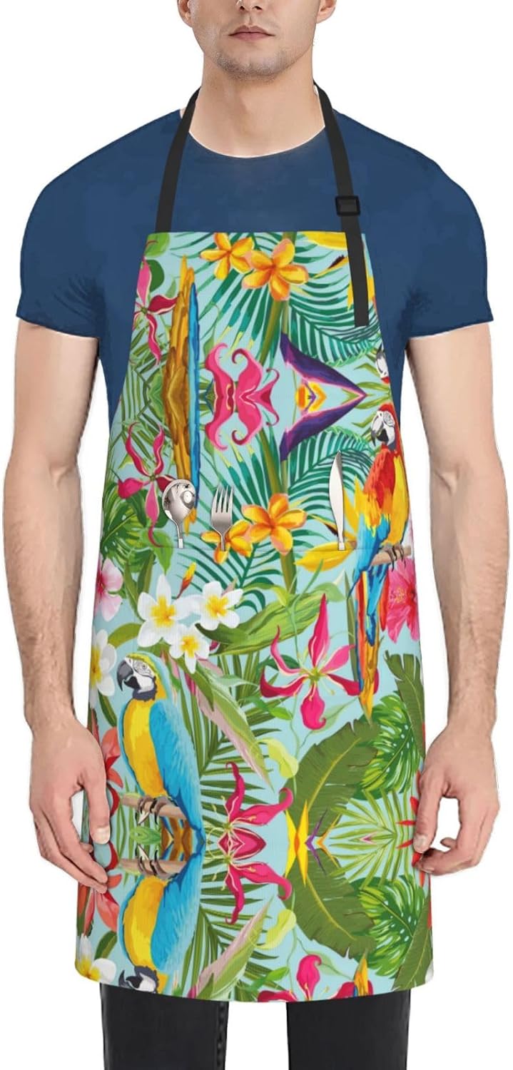 Tropical plants and parrots Print 28x33 In Adult Kitchen Apron with Po