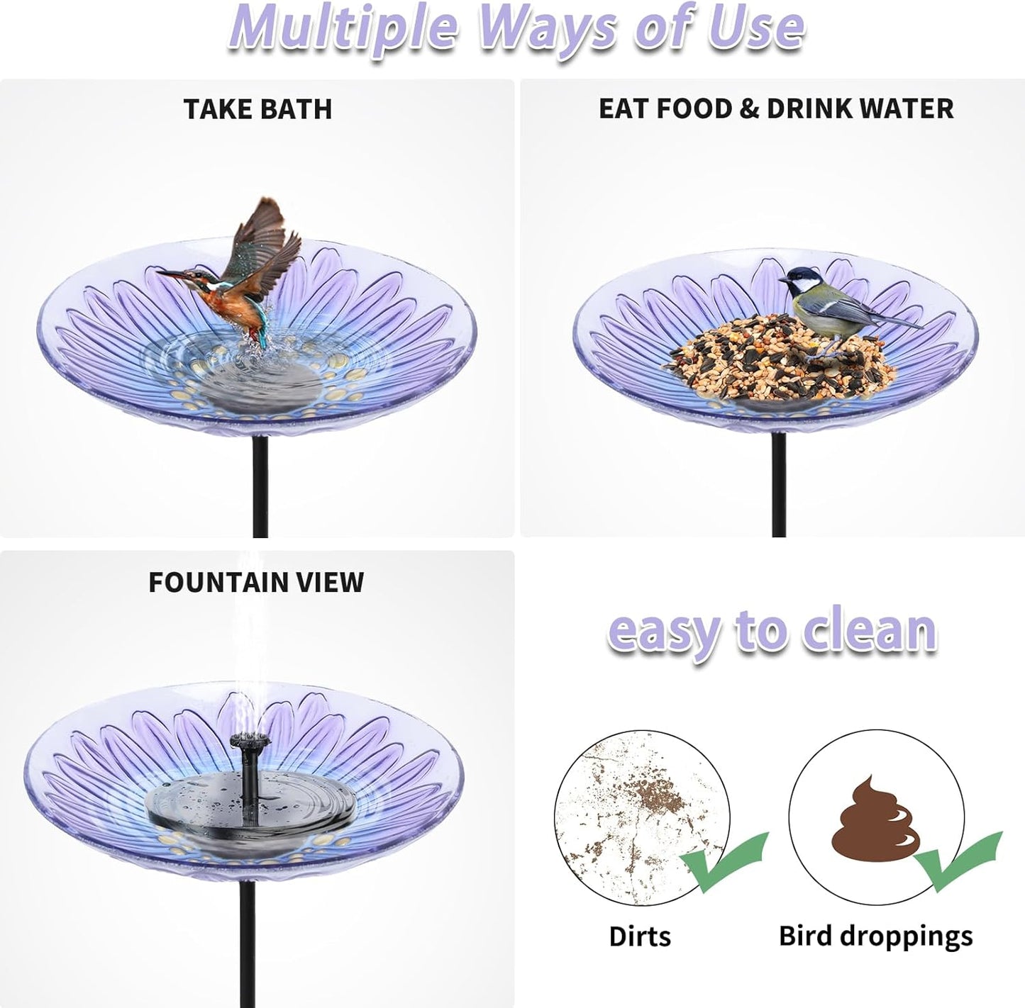 MUMTOP Bird Baths for Outdoors, Glass Bird Bath Stake, Purple Daisy Bi