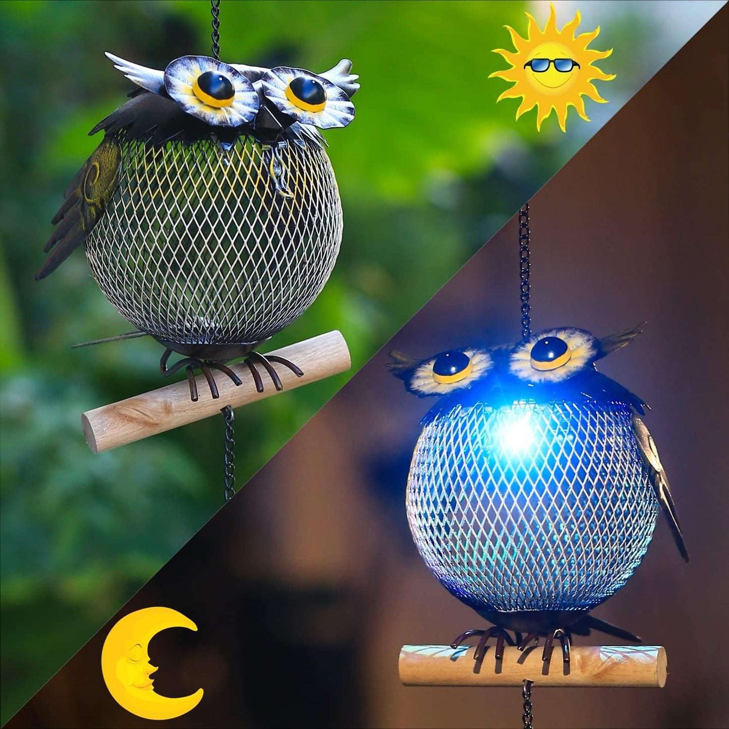 Solar Owl Bird Feeder Squirrel Proof for Outside - Unique Cute Metal Animal Shaped Wild Bird Feeder with Solar Light, Wind Chime, Gift for Bird Lovers(Owl)