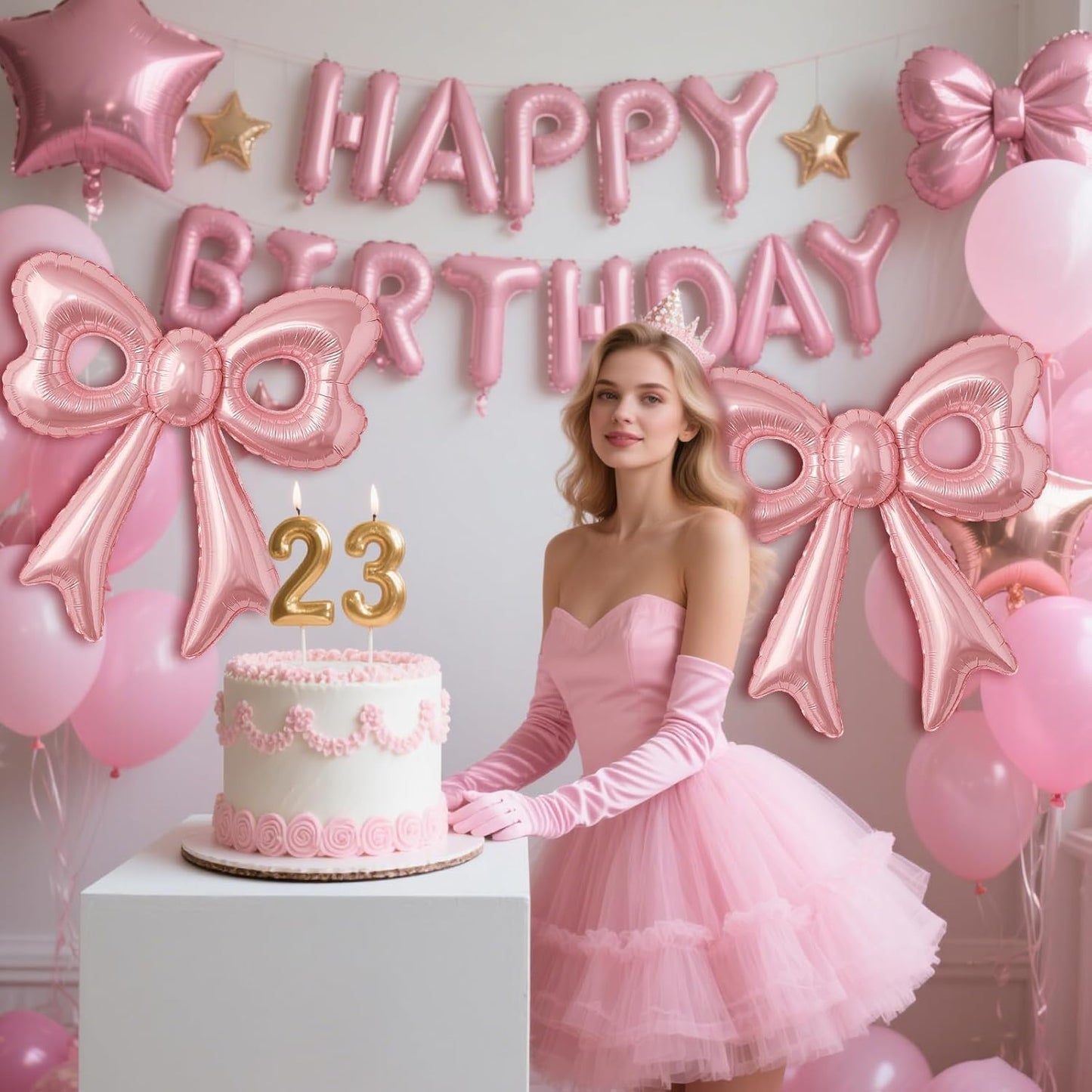 Pink Happy Birthday Balloons, 31”Huge Pink Bow Aluminum Foil Balloons for Girl Woman Birthday, Princess, Coquette Party Decorations Supplies