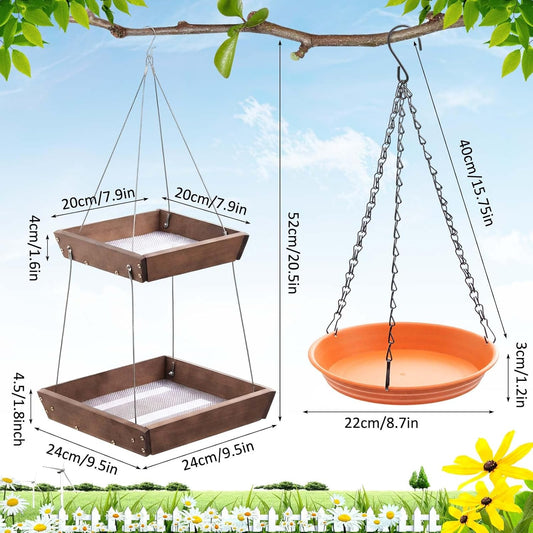 2 Tier Large Platform Cedar Bird Feeders with Round Hanging Birds Watering Tray, Bird Bath, Wooden Mesh Seed Tray Platform for Outdoors Garden Decor, for Cardinal Blue Jay