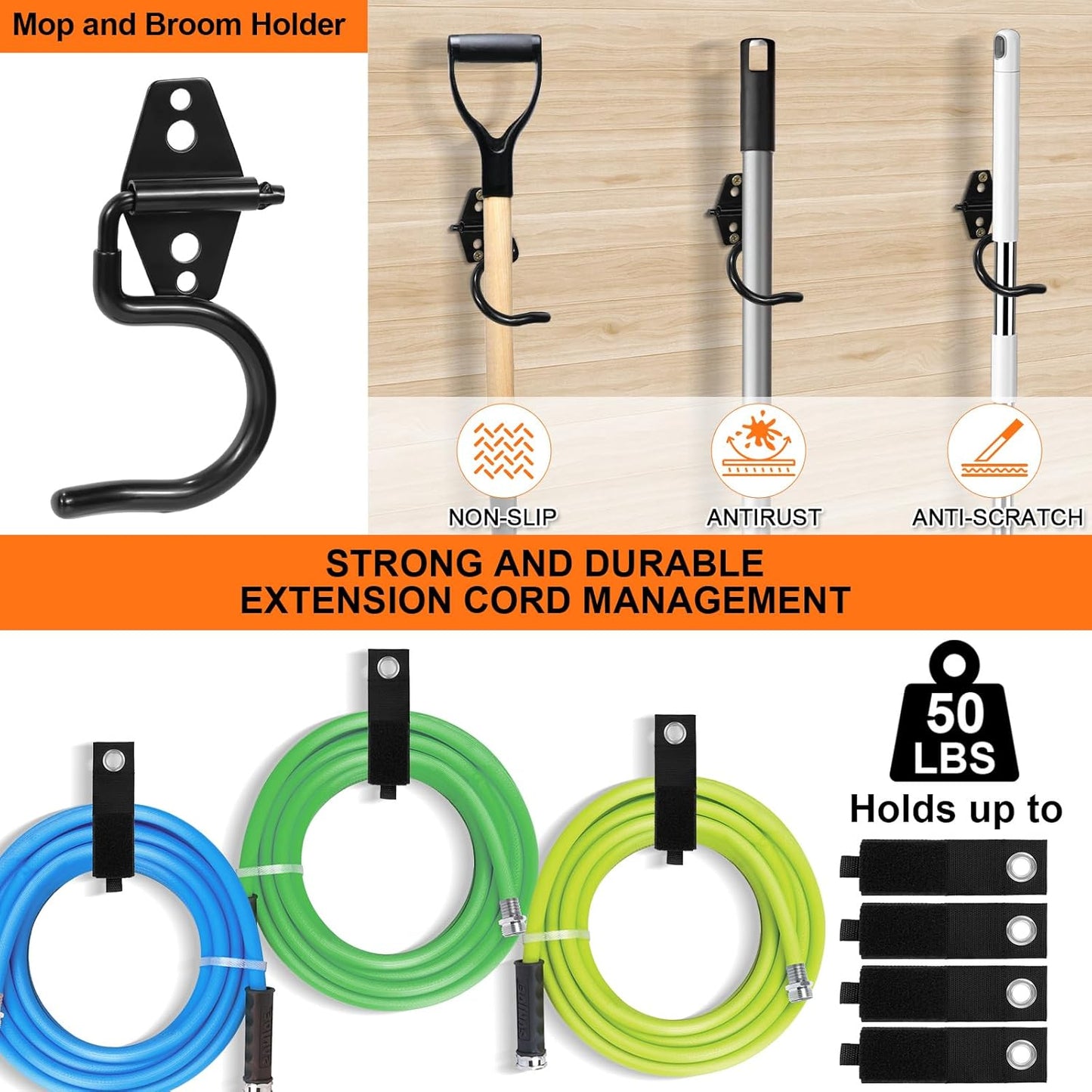 Heavy Duty Garage Hooks Storage, Anti-Slip Steel Wall Mount Multi-Size Utility Hangers Organizer for Ladders, Bikes, Garden Tools, Hose with 32 Screws Hardware Kit (Black, 20 Pack)