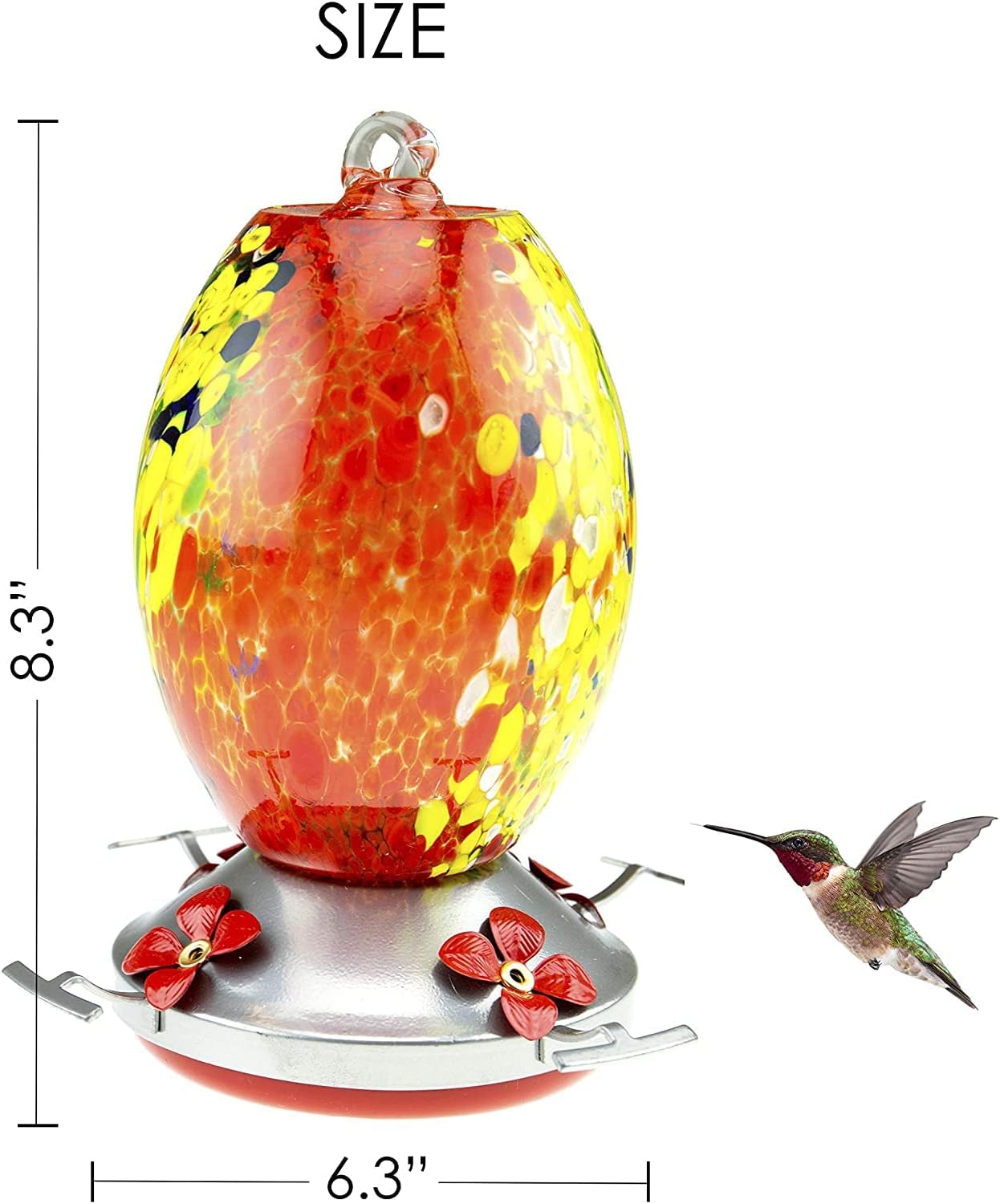 CLEVER GARDEN Hummingbird Feeder with Perch | Hand Blown Flat Glass in Red | 27 Fluid Ounces Humming Bird Nectar Capacity with Hanging Metal Wires and Ant Moat Hook