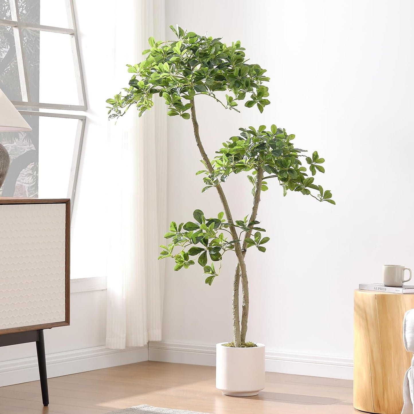 5ft Tall Artificial Black Olive Tree with 945 Lifelike Leaves, Fake Plant in White Pot, Faux Olive Tree with 2 Poles for Living Room Office Garden Decor