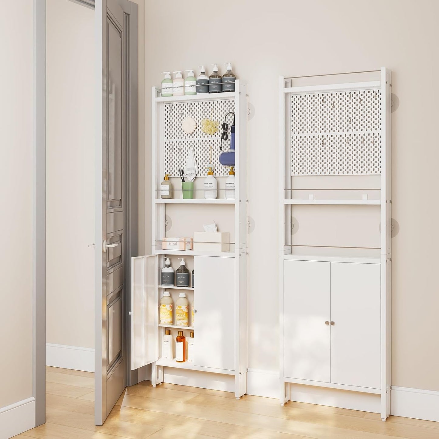 ABCOOL Behind Door Organizer Cabinet Shelf Rack, 2 Pegboard Panels for Garage and Garden Tool Storage, Tall Floor Standing Metal Organizers