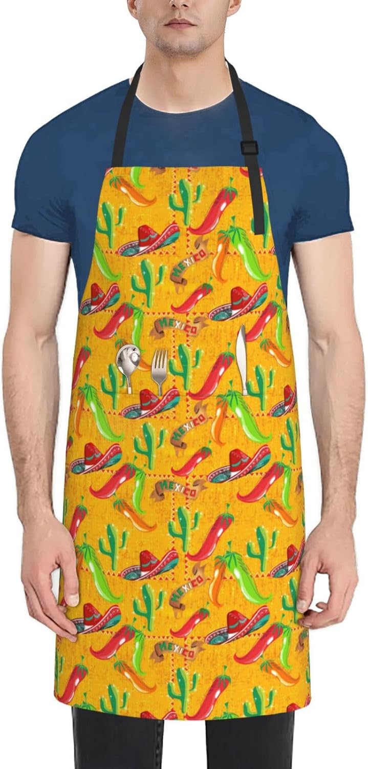 Cactus Hat and Chili Pepper print Waterproof apron with pocket adjusta