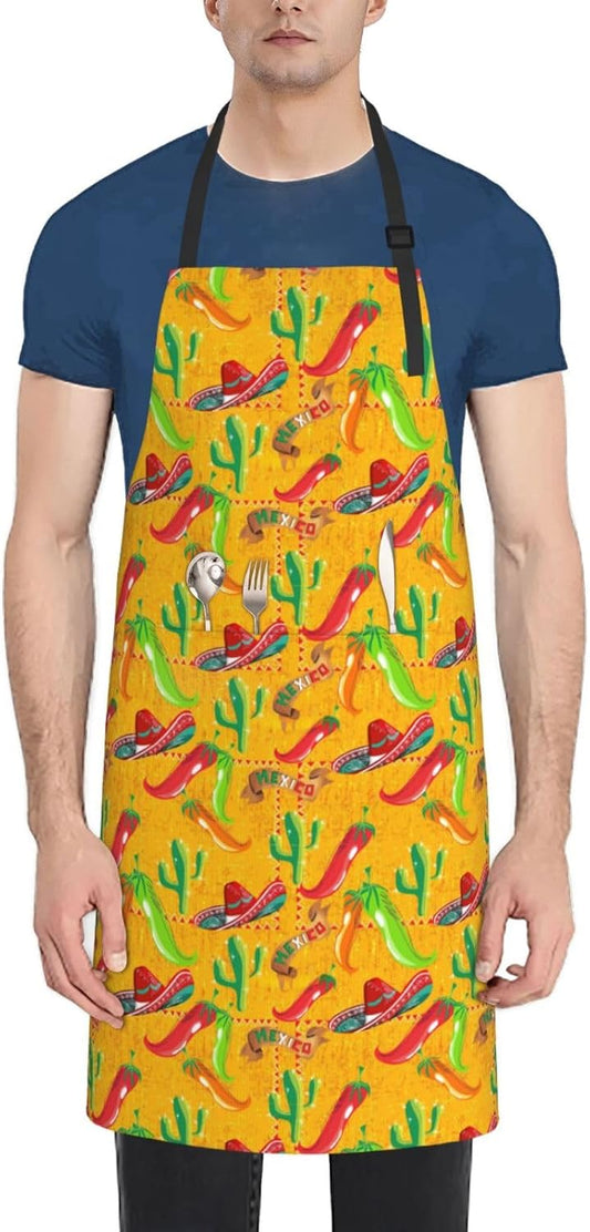 Cactus Hat and Chili Pepper print Waterproof apron with pocket adjusta