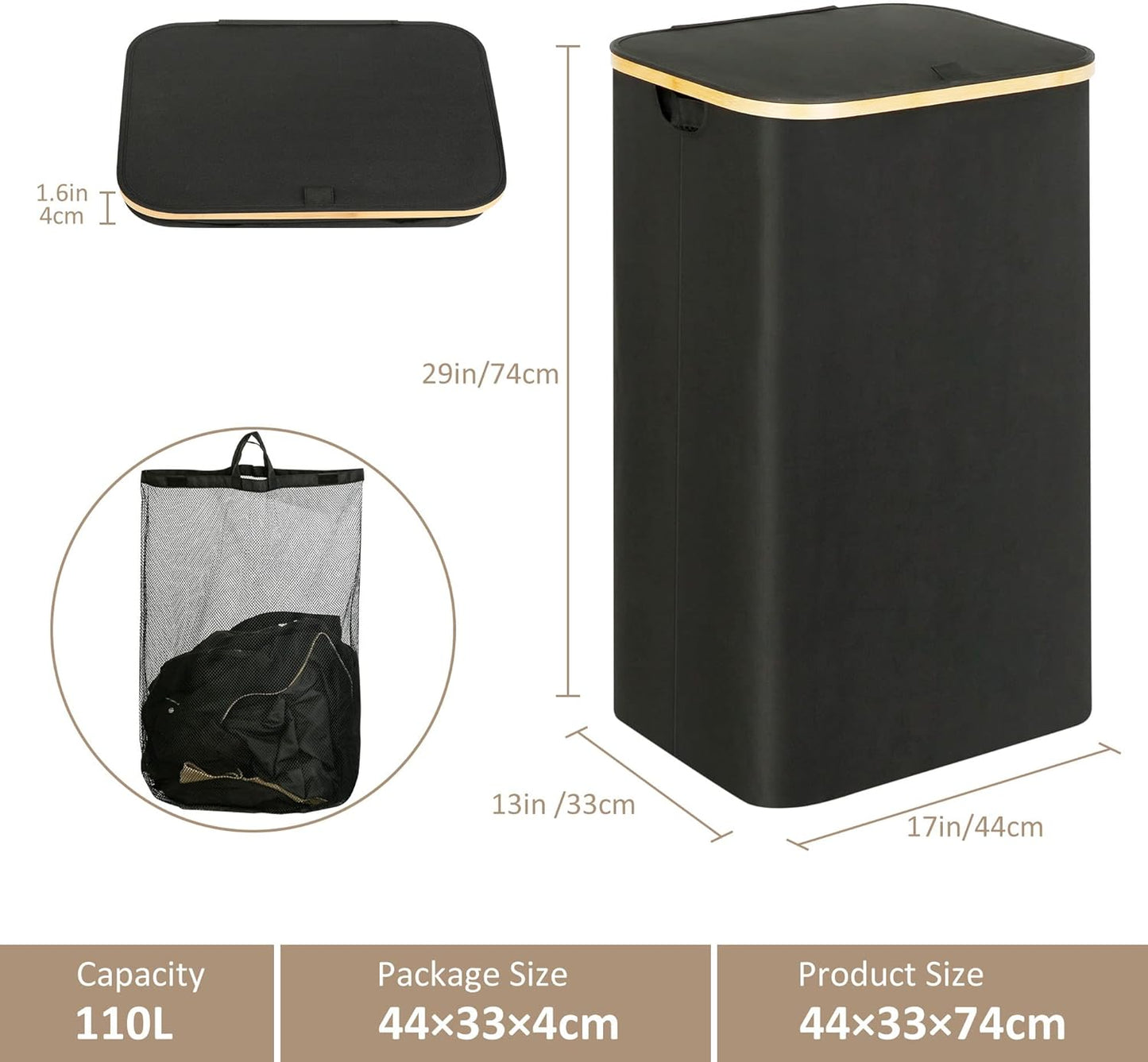 Laundry Hamper with Lid, 110L Large Laundry Hamper with Handle and Lid, Collapsible Clothes Basket Organizer with Removable Inner Bag for Clothes Toys Towels - Black