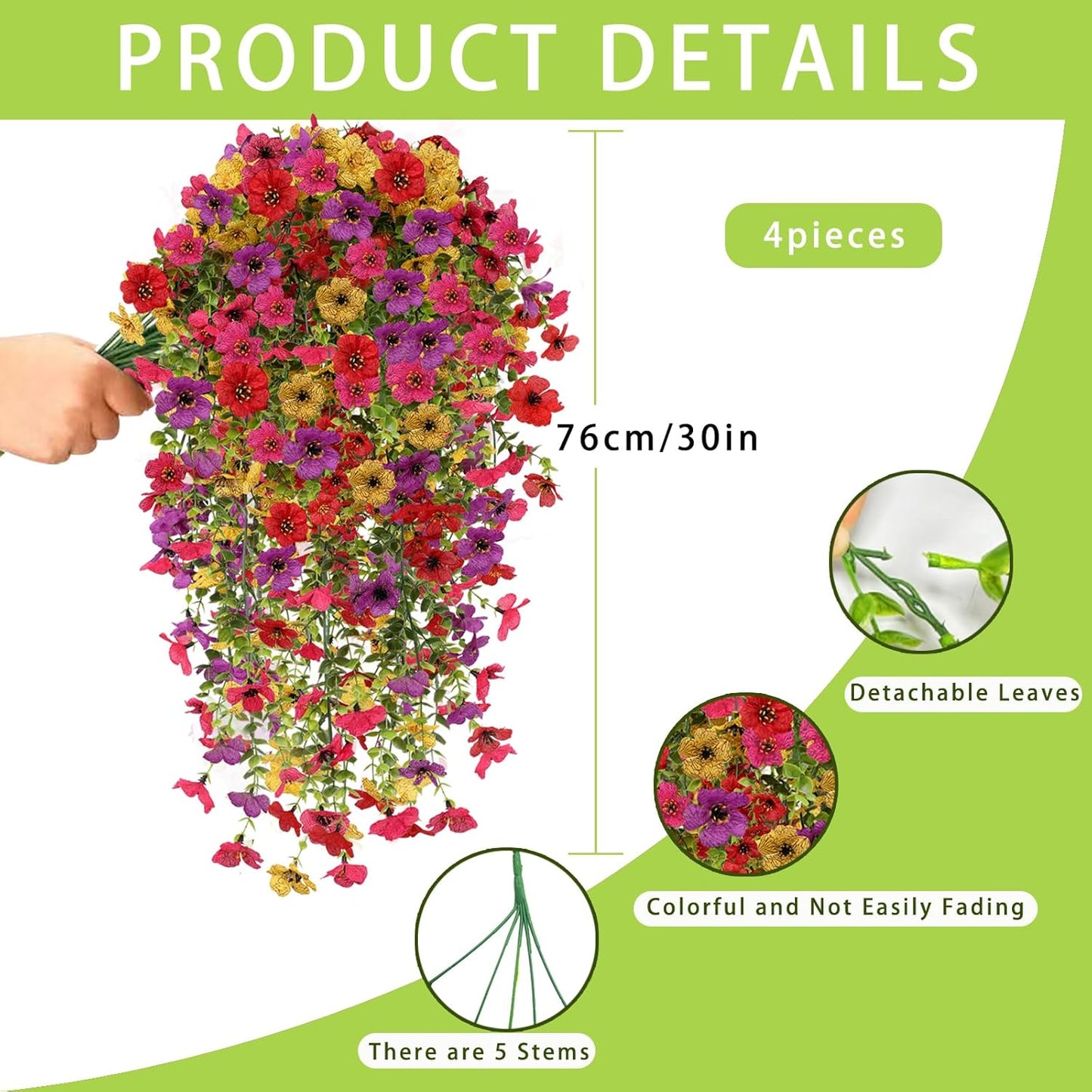 4PCS Artificial Hanging Flowers for Outdoors Summer Decoration, Upgrade UV Resistant Faux Silk Hanging Plants for Outside Home Planter Porch Patio Decor (Multicolour)