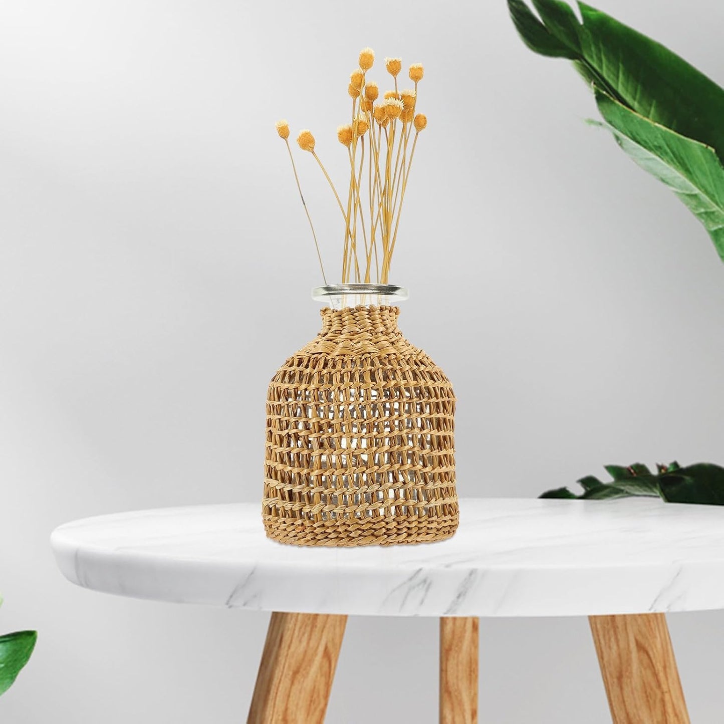 PRETYZOOM Woven Rattan Flower Vase with Glass Insert, Handcrafted Japanese Style Decorative Planter Pot for Home Décor, Living Room Table Centerpiece, Rustic Boho Plants Container