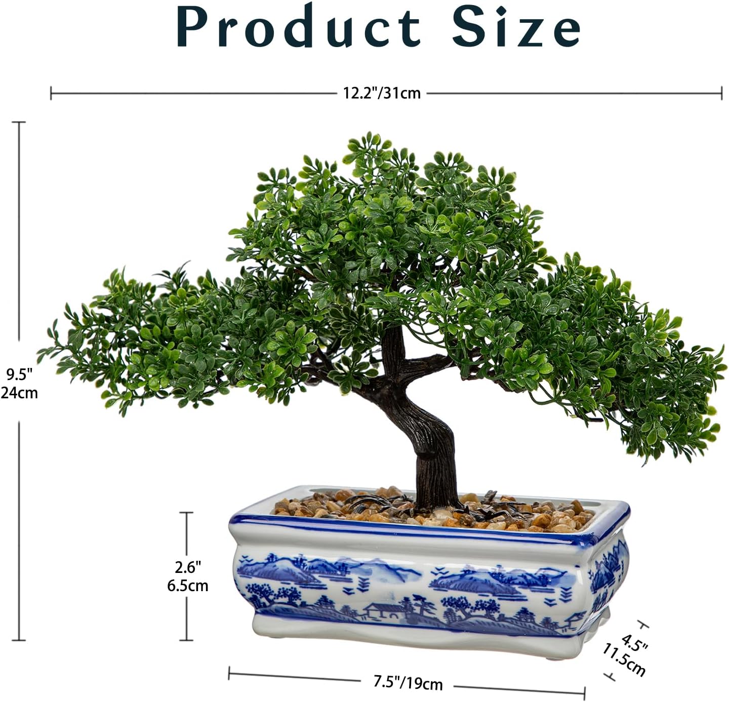 Artificial Bonsai Tree with Blue and White Porcelain Pot, Fake Pine Bonsai for Home Office Desk Decor, Oriental Zen Tabletop Decoration, Faux Bonsai Plant for Living Room, Shelf & Gift
