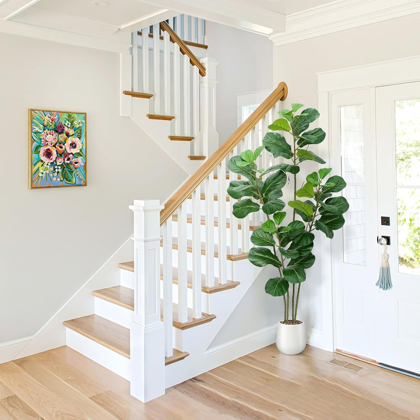 Artificial Fiddle Leaf Fig Tree with White Planter,6ft Tall Fake Plants with 4 Trunk,Faux Fig Trees Floor Plant in Pot,Fake Ficus Lyrata Trees for Indoor Living Room Bedroom Office Housewarming Gift