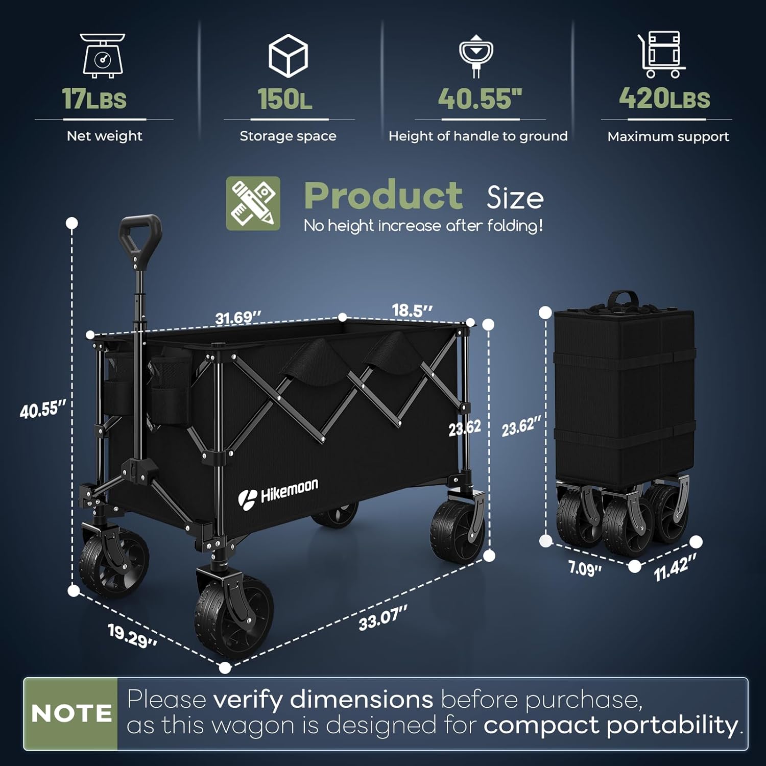 150L Collapsible Wagons Carts Foldable, 420LBS Heavy Duty Folding Beac