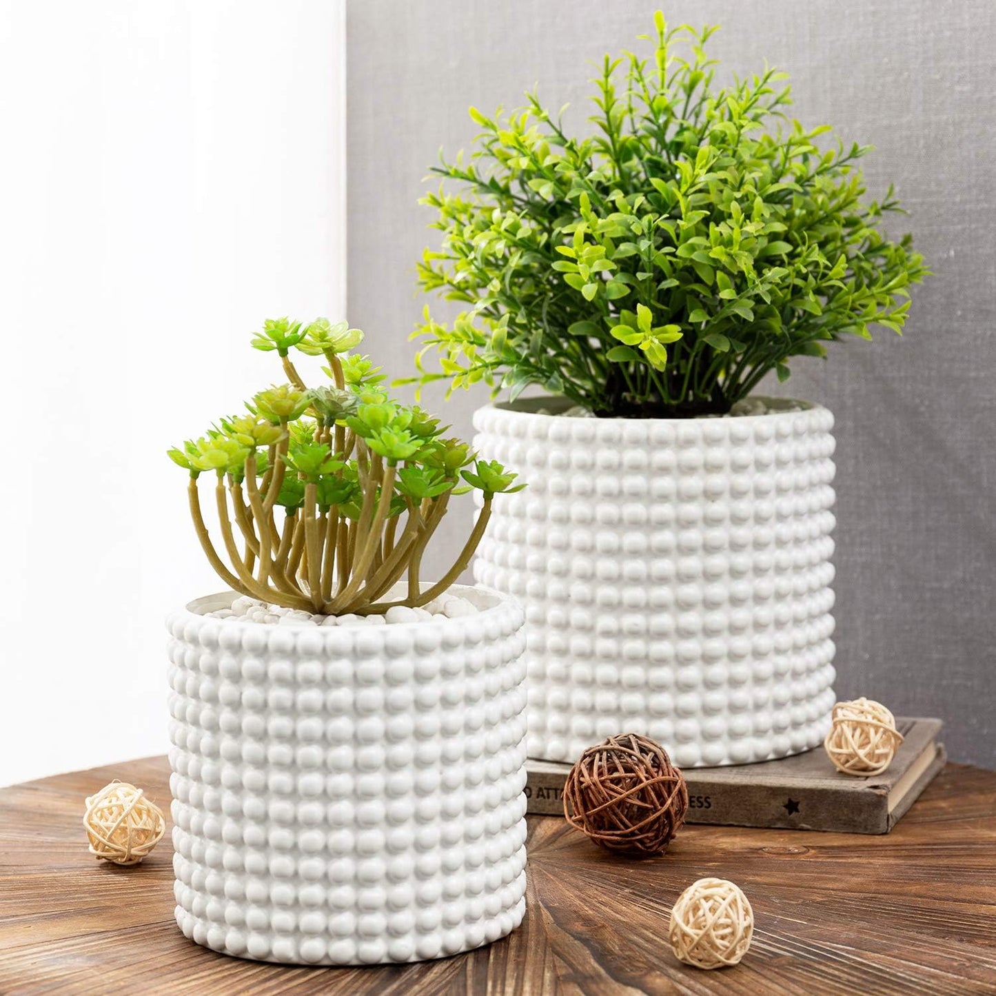 MyGift 6 Inch Ceramic Round Planter Pot, Set of 2 Vintage-Style White Ceramic Flower Pots, Indoor Hobnail Textured Cylindrical Succulent Plant Containers