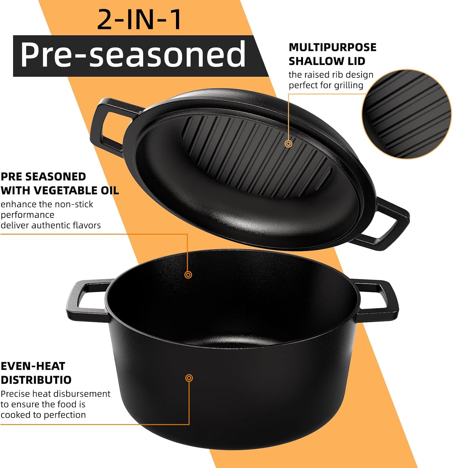 Cast Iron Dutch Oven Pot with Skillet Lid – Pre-Seasoned – Skillet Lid