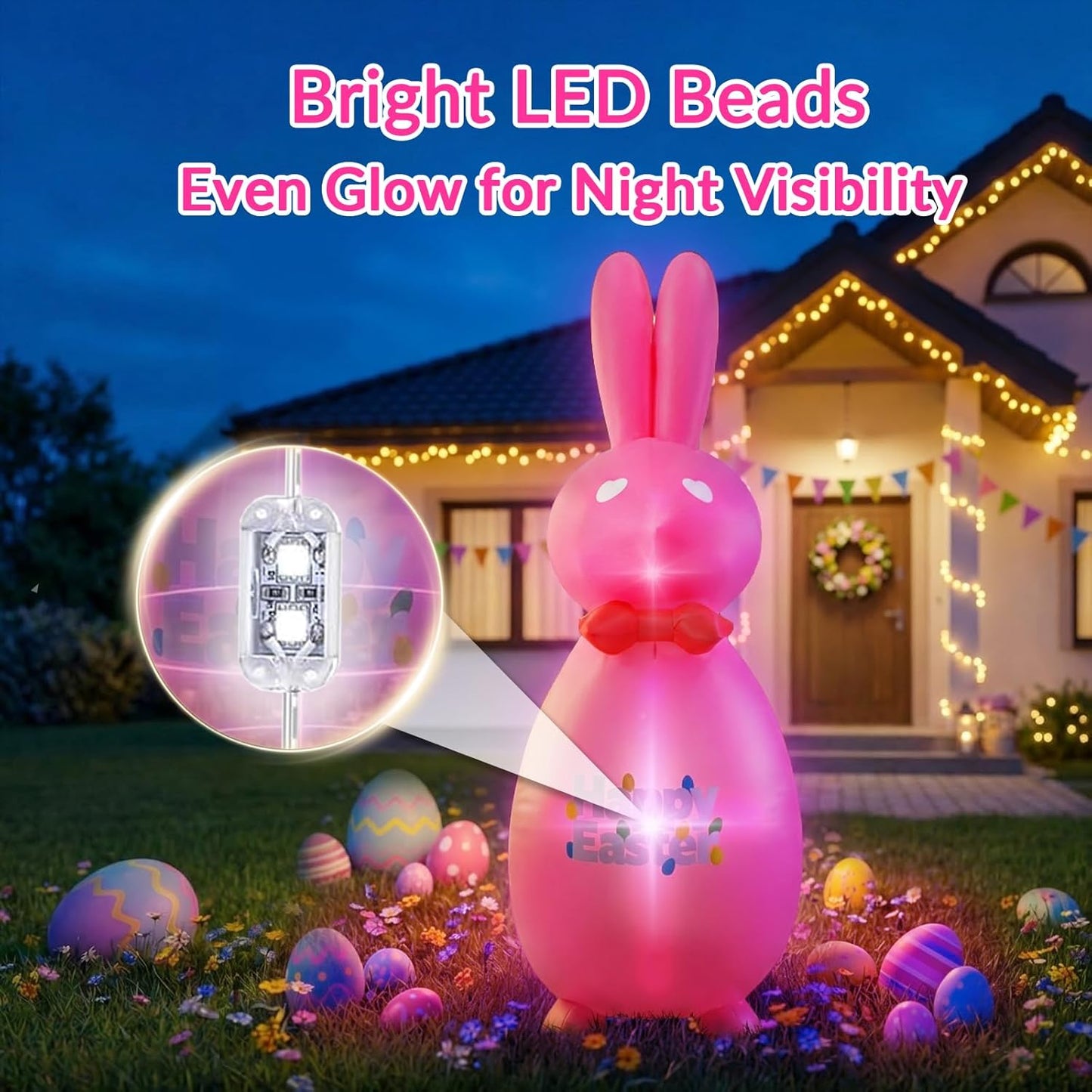 6FT Easter Inflatable Bunny Outdoor Decoration, Giant Pink Blow Up Rabbit with LED Lights, Easter Yard Decor for Lawn Garden Patio, Holiday Party Inflatables with Stakes & Tethers
