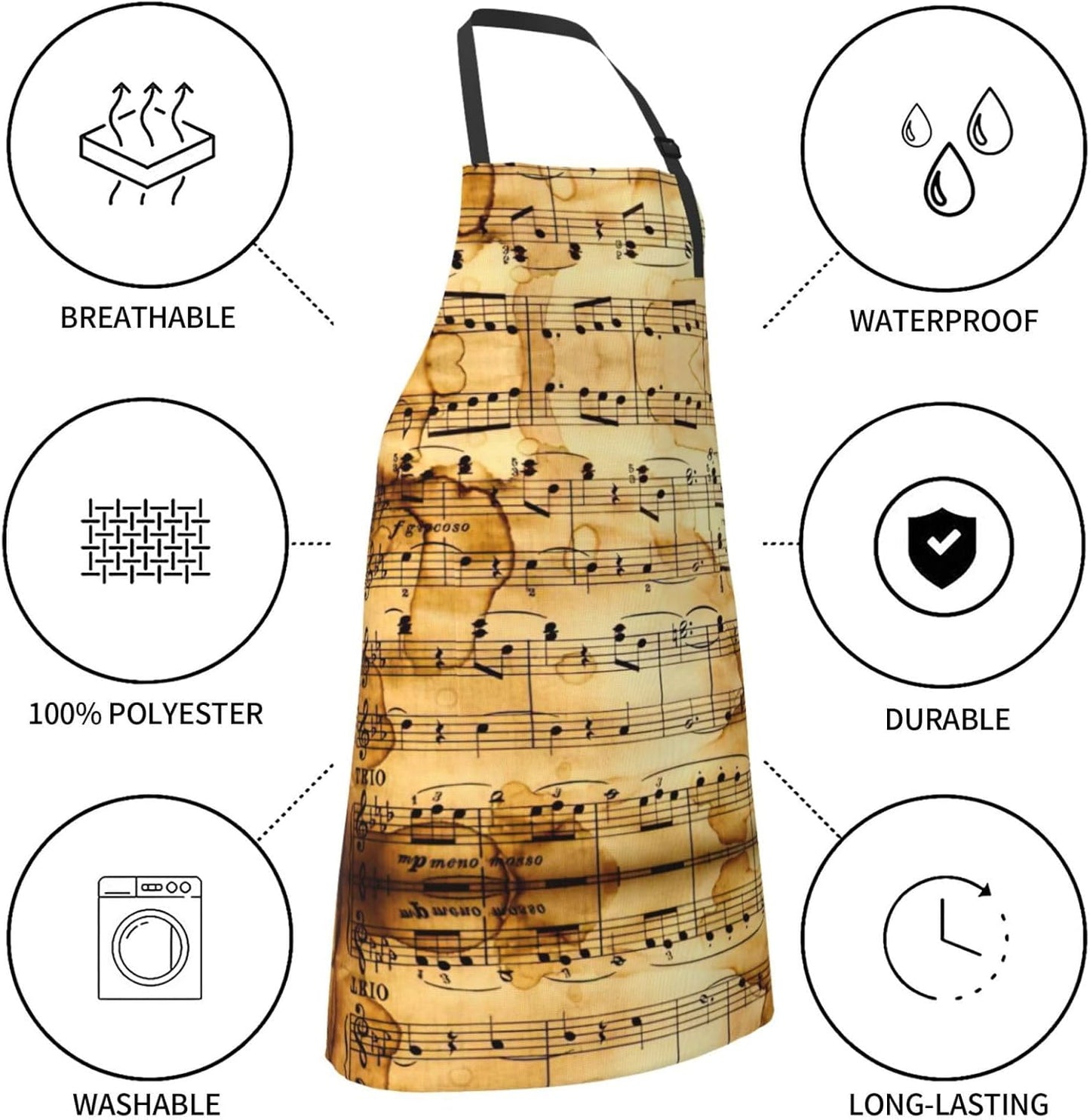 Music Note Print Print Laundry apron 28x33 In Waterproof Kitchen Apron with Pockets for Cooking Baking