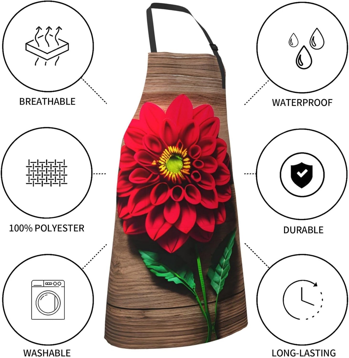 Wooden Board Retro Flower Red Dahlia print Waterproof chef's apron with pocket apron for kitchen cooking baking barbecue and gardening
