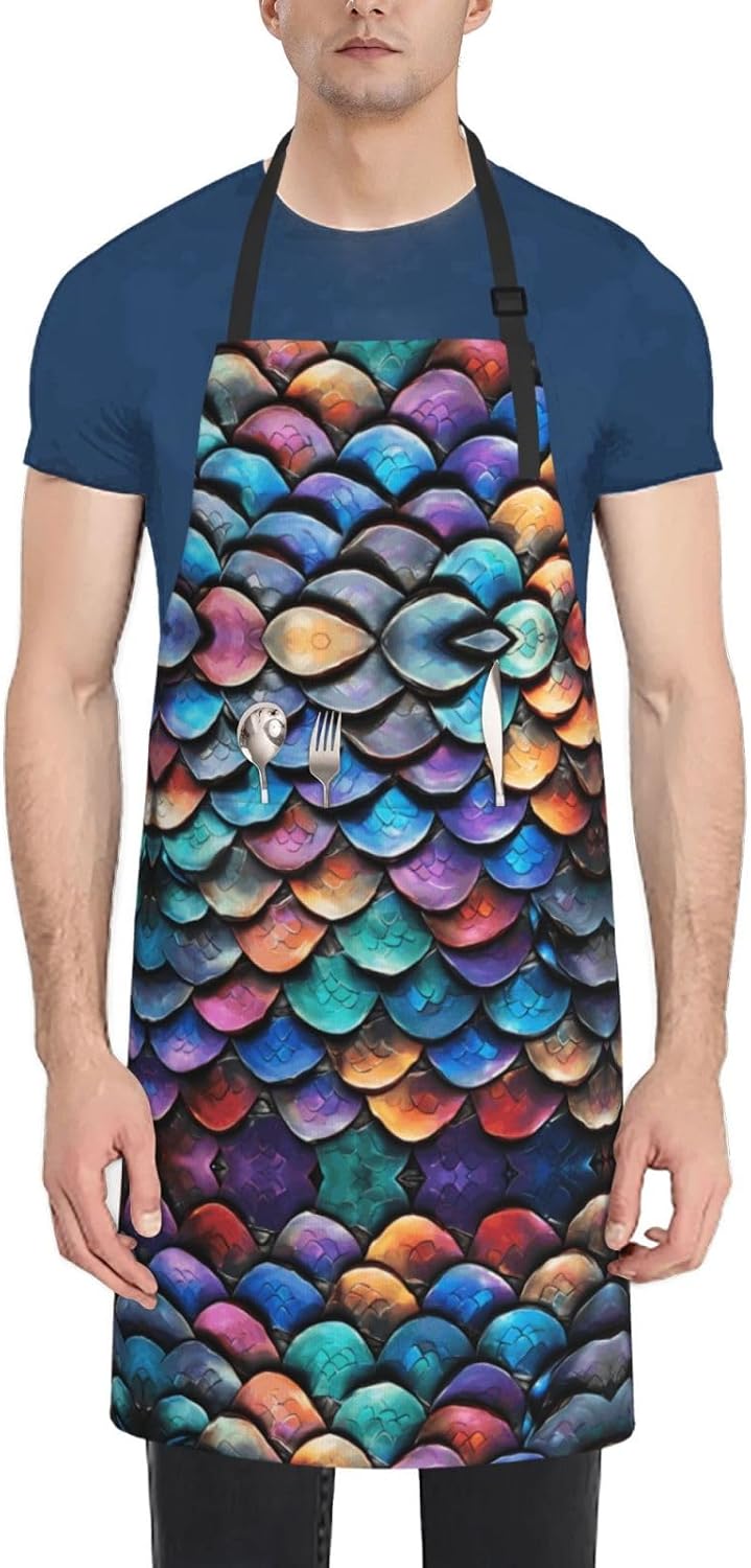 YANYU Dragon Scale Print 28x33 In Kitchen Apron Stylish Chef Apron with Pockets for Cooking Baking Painting