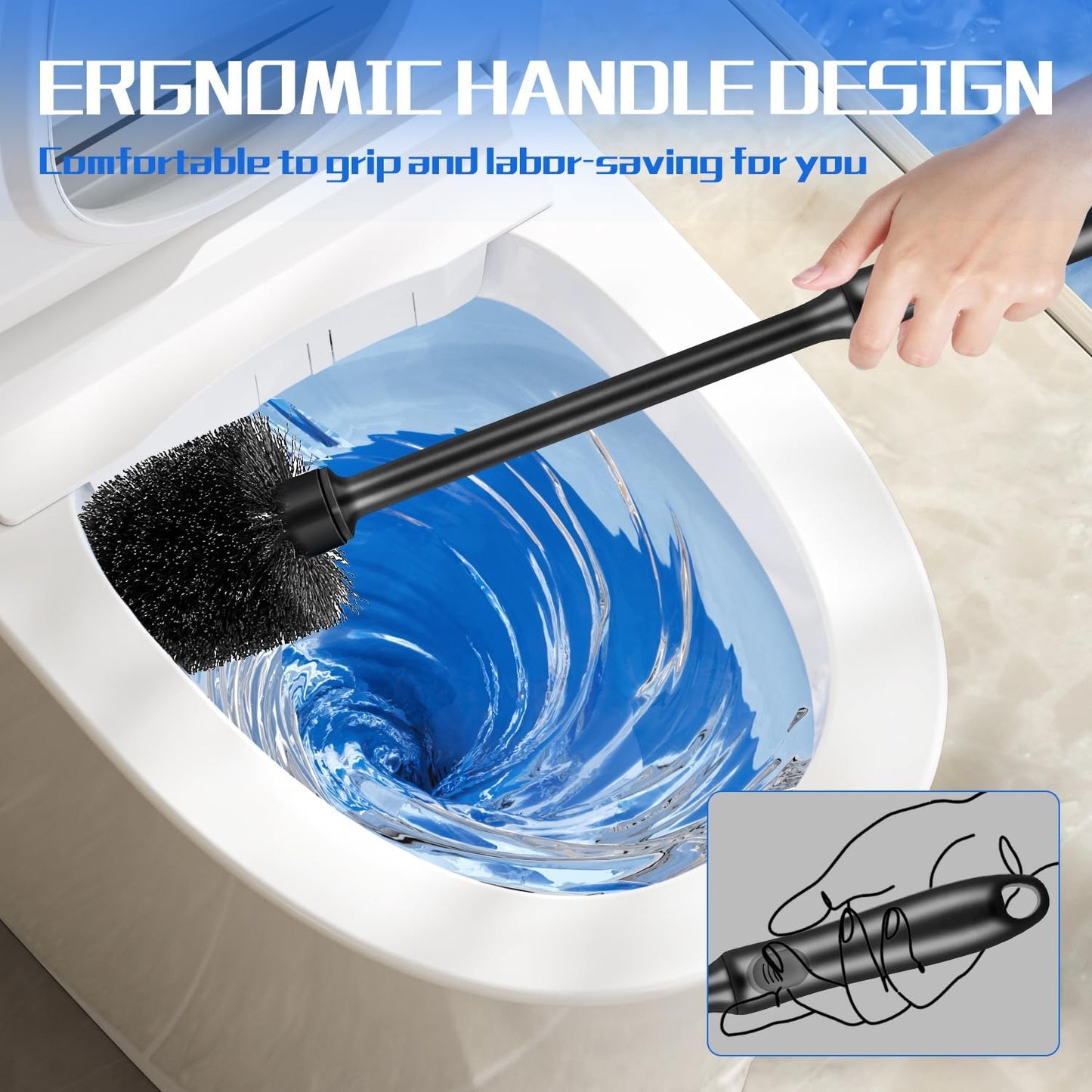 2 Pack Toilet Brush and Holder Set, Long Handle, Non-Slip Grip, Nylon Bristles, Deep Cleaning for Bathroom, Toilet Scrubber- Black