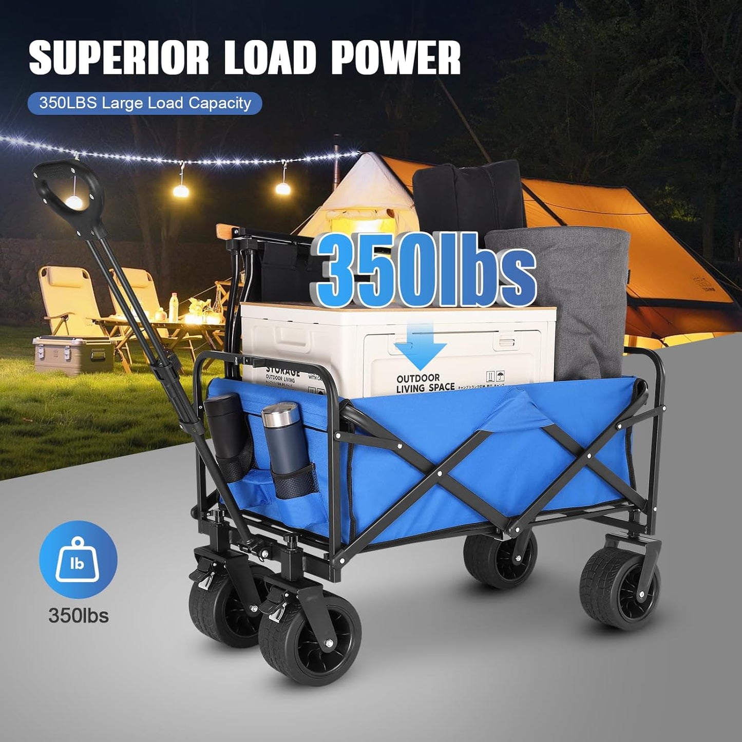 Collapsible Foldable Beach Wagon,Folding Wagon Cart with Big Wheels,Utility Grocery All Terrain Wagons carts Foldable with Brakes for Sand Camping Sports Outdoor(Lake Blue).