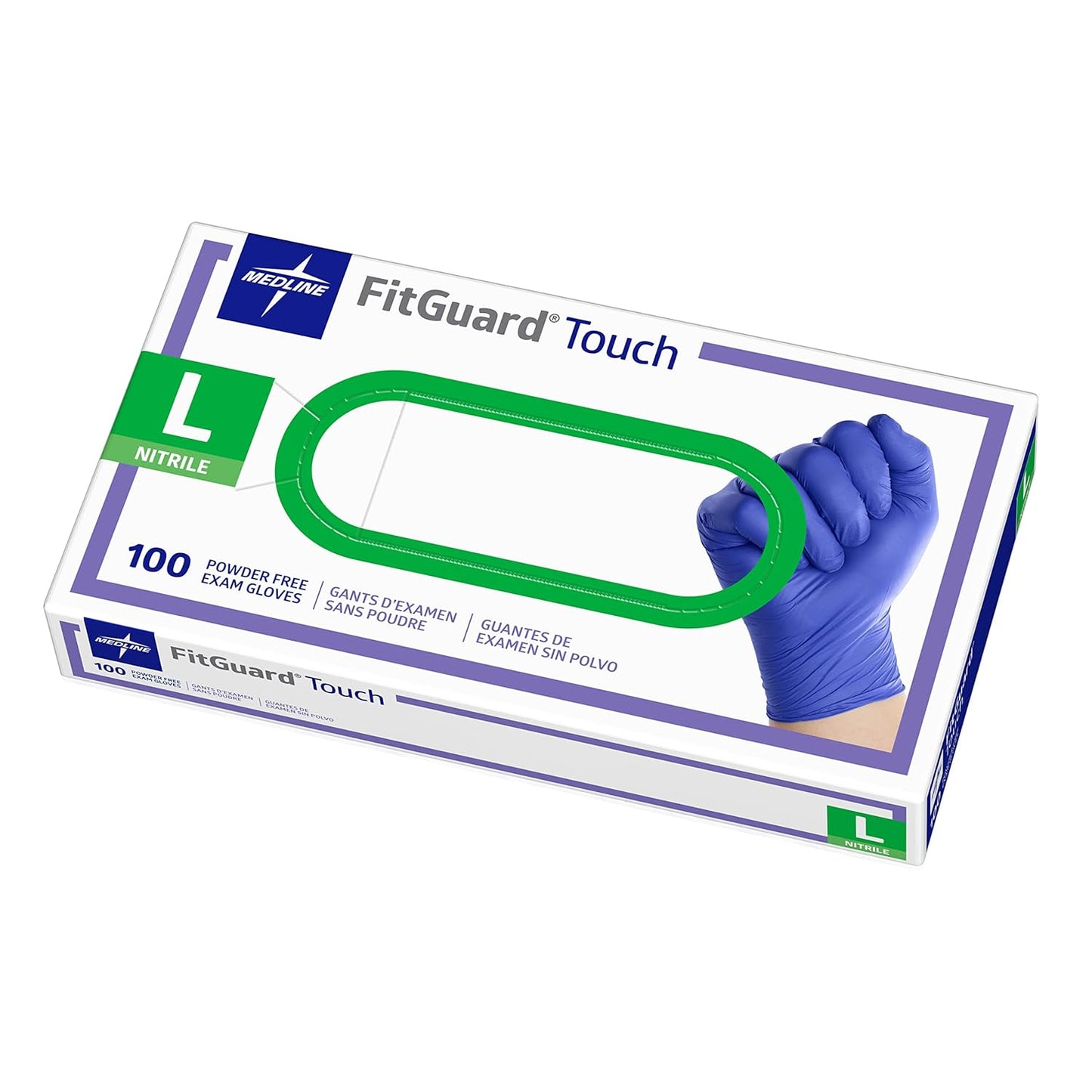 Medline FitGuard Touch Nitrile Exam Gloves, 100 Count, Large, Powder Free, Disposable, Not Made with Natural Rubber Latex, for Medical Tasks, Durable for Household Chores