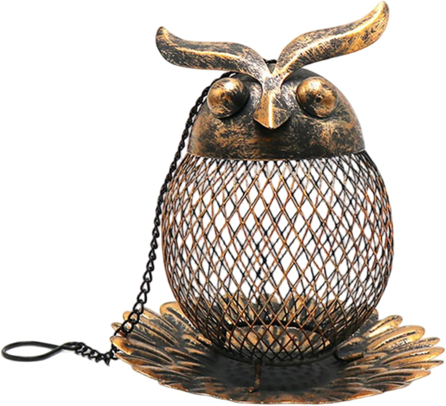 Metal Bird Feeder 6 Inch Owl-Shaped Hanging Bird Feeder with Hollow Ou