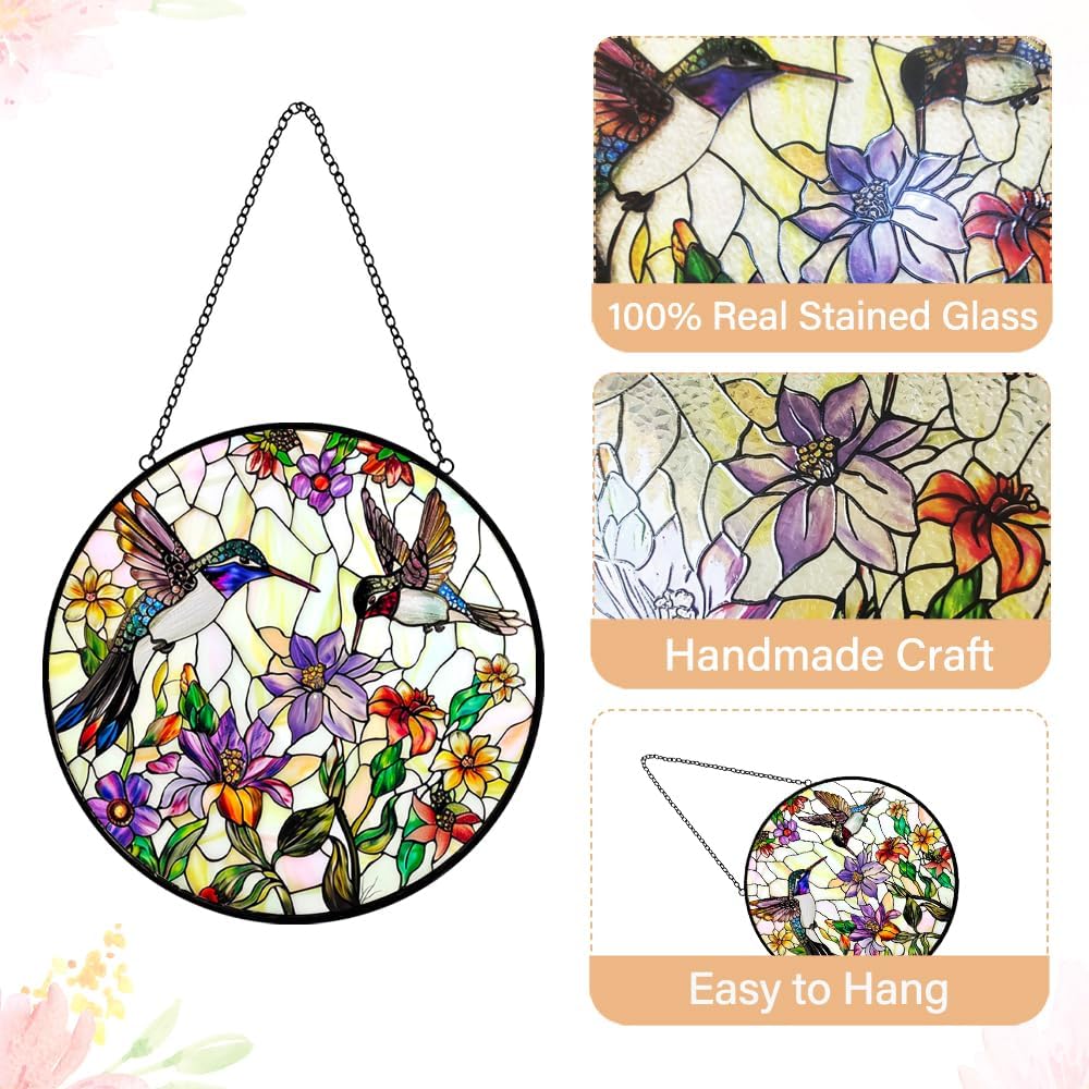 Hummingbird Stained Glass Suncatcher Window Hanging - Handmade Birds Flowers Sun Catchers Ornament - Suncatchers for Doors Home Garden Decor - Mother's Day Birthday Bird Lover Gift for Mom Grandma