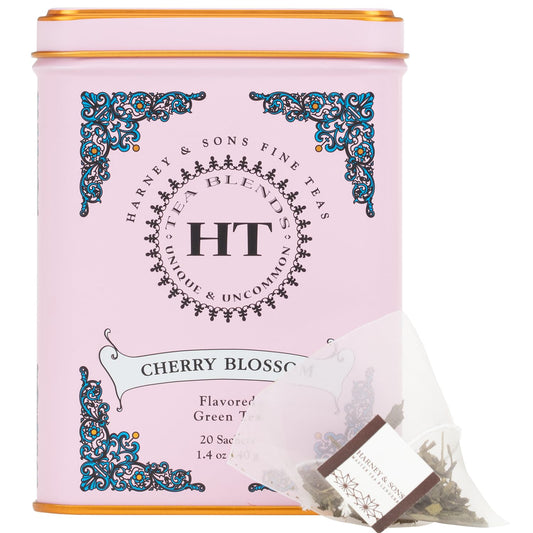 Harney & Sons Caffeinated Blossom Green Tea Tin Sachets Pink 31629, Cherry, 20 Count (Pack of 1)
