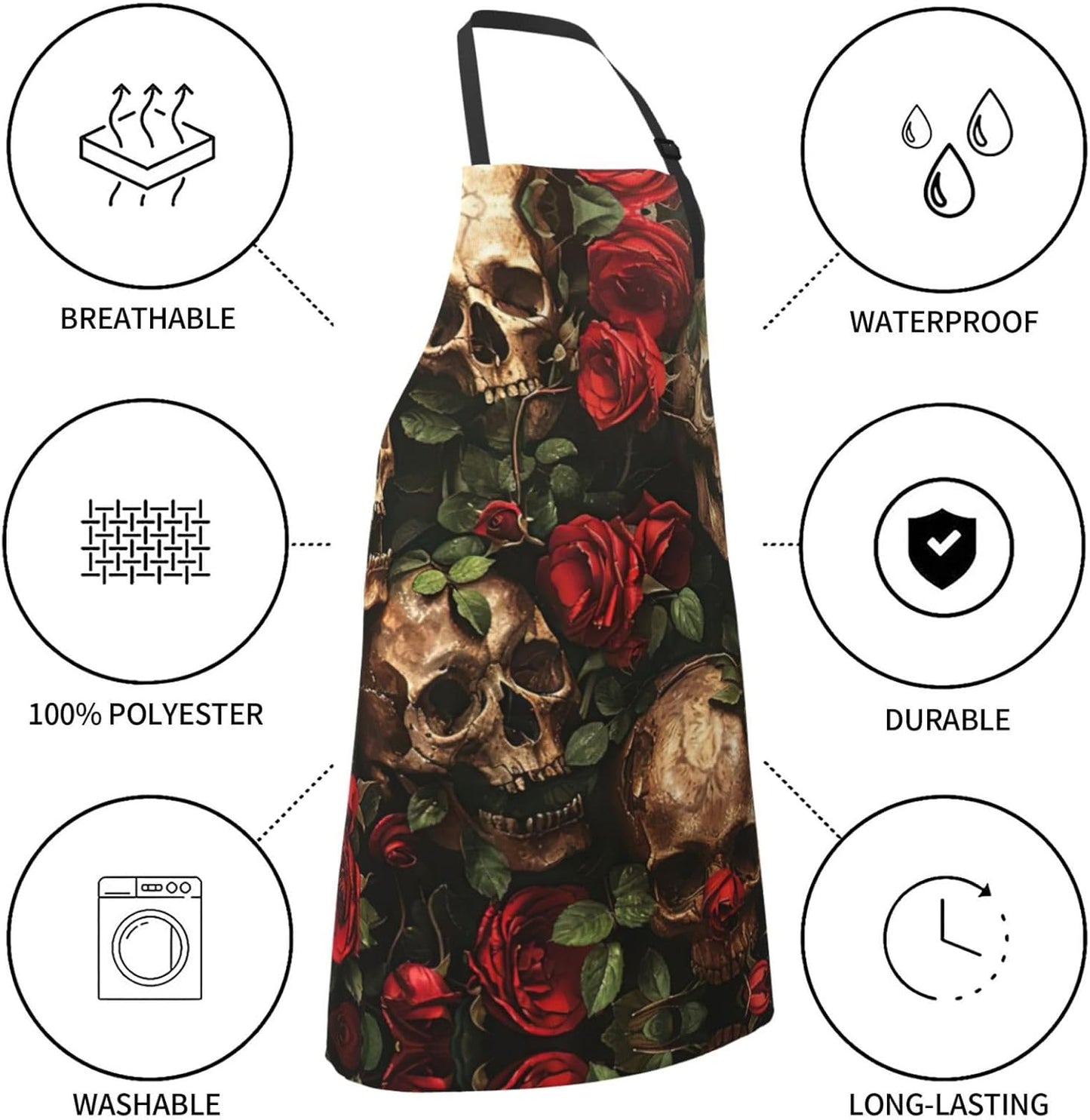 Skull and Red Rose print Waterproof chef's apron with pocket apron for kitchen cooking baking barbecue and gardening