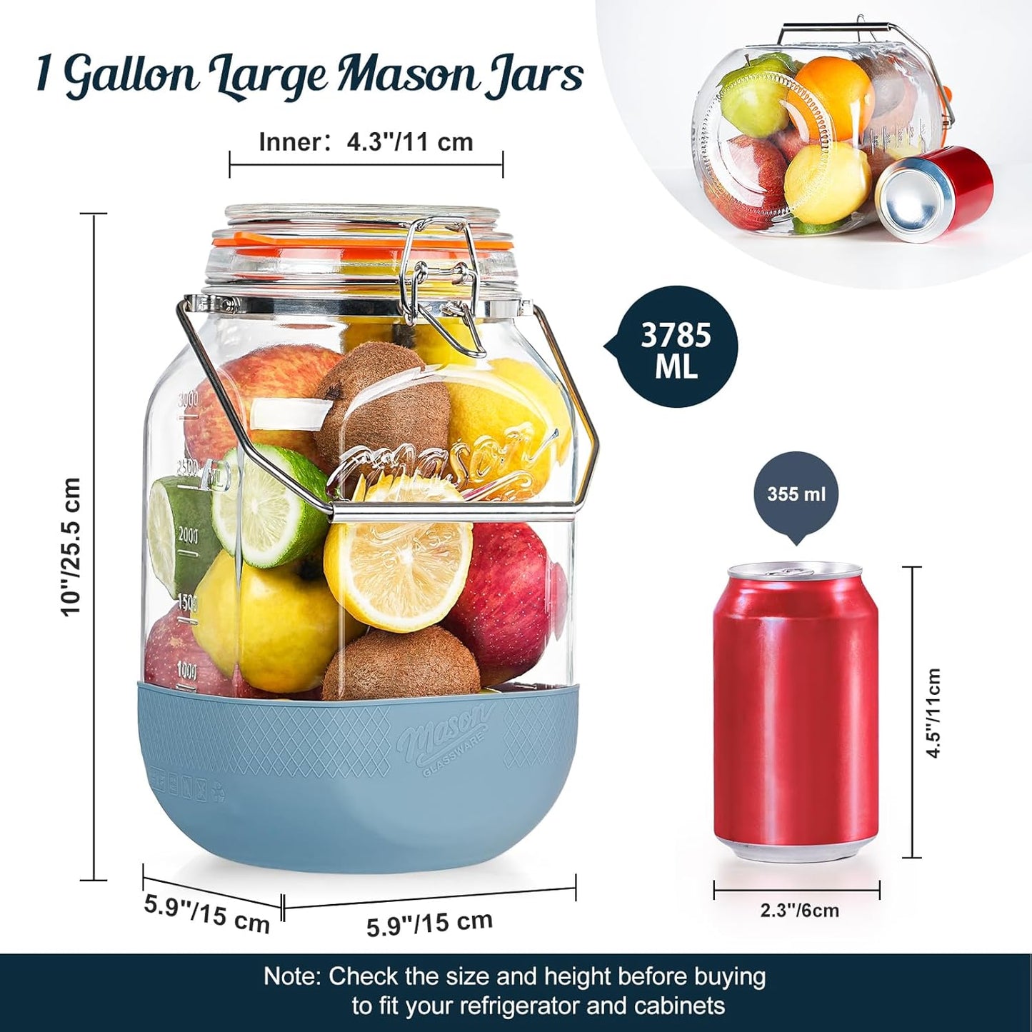 2 Pack Square 1 Gallon Glass Jar with Airtight Lid, Large Mason Jars Wide Mouth 128 Oz with Scale Marks & Handle, Glass Storage Containers with Anti-slip Base for Kitchen, Pantry, Laundry Room, Flour