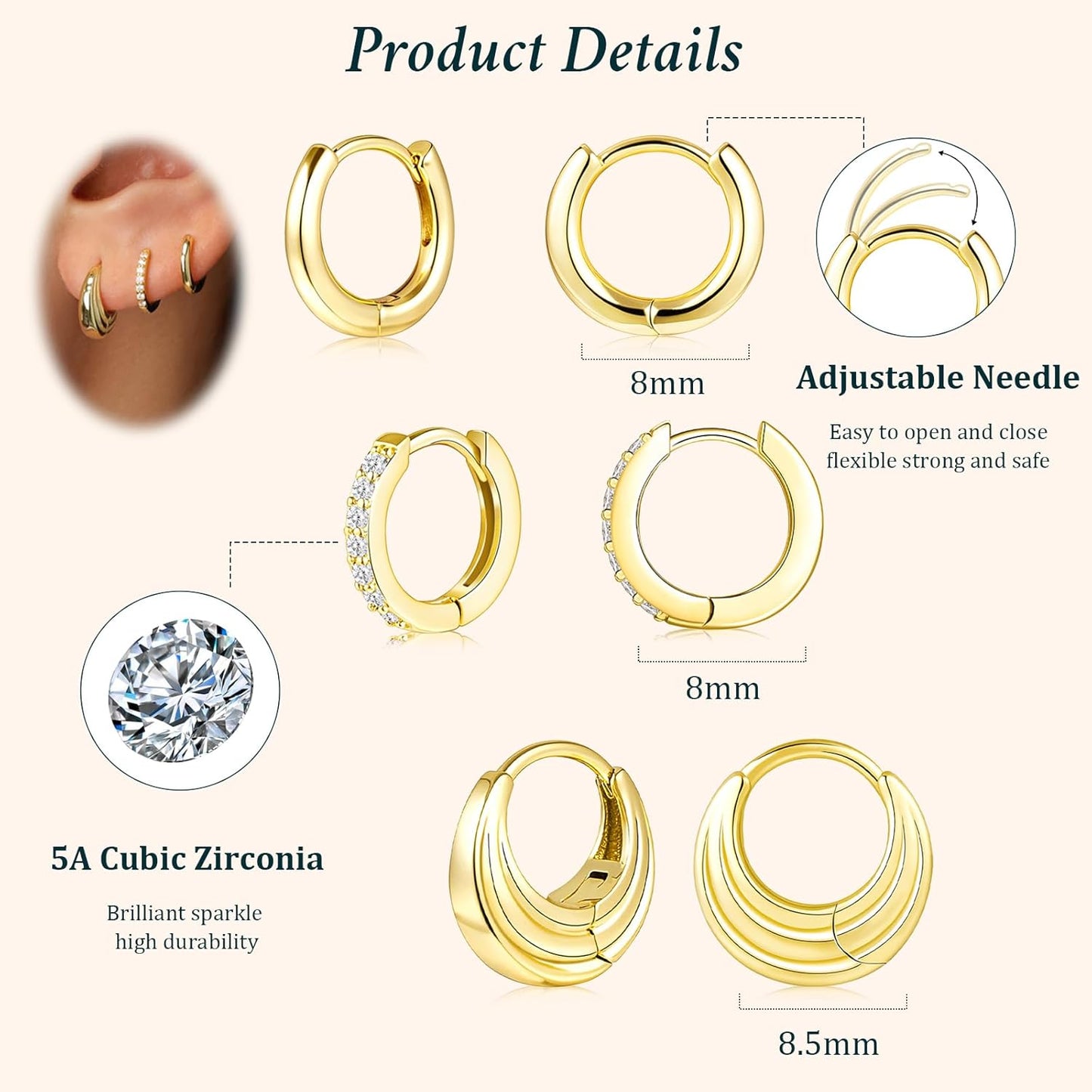 Small Sterling Silver Huggie Hoop Earrings Set for Women, Hypoallergen