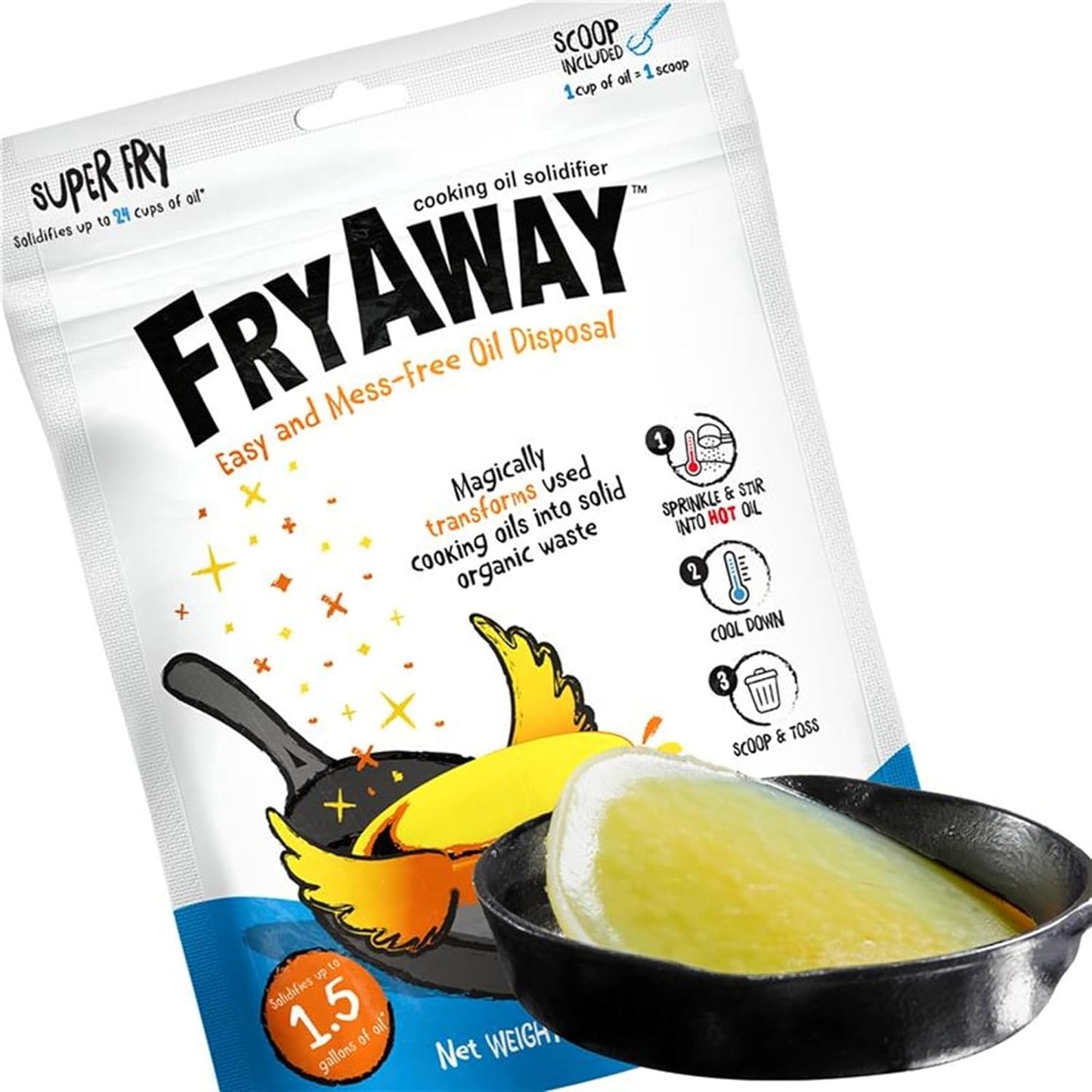 FryAway® Super Fry Cooking Oil Solidifier Powder, Resealable Pouch with Scoop, Solidifies Up to 24 Cups, Plant-Based Grease Solidifier, Oil Hardener, Kitchen Grease Cleanup, Shark Tank, Made in the US