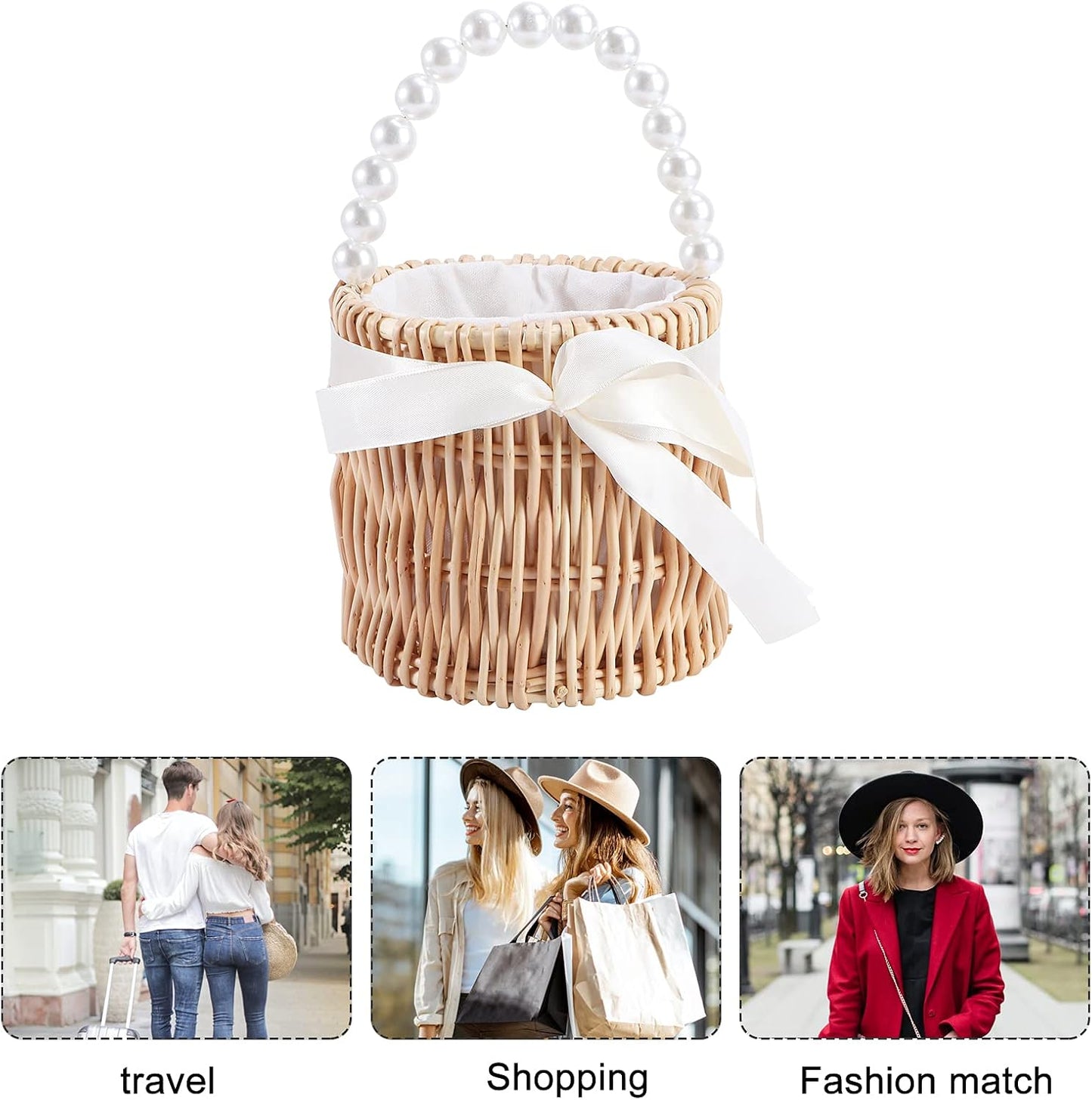 Wicker Flower Basket Rattan Flower Girl Basket Straw Basket Picnic Basket Purse Wedding Flower Girl Baskets with Pearl Handle Small Basket with Handle for Candy Garden Home