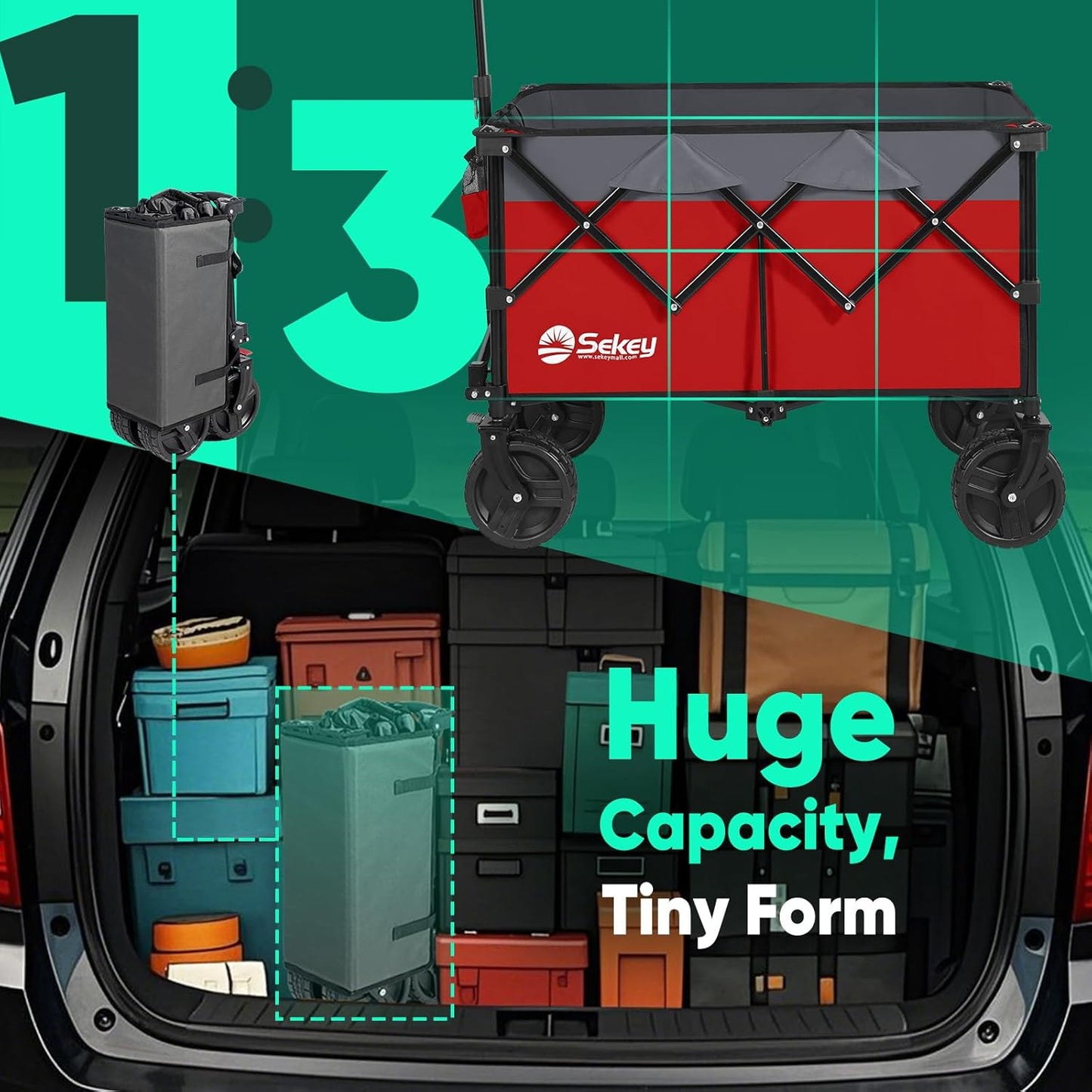 Sekey 220L Wagons Carts Foldable with Big All-Terrian Beach Wheels, Collapsible Heavy DutyWagon with Cup Holders, Extra Large Folding Wagon,Foldable Wagon for Camping, Garden, Sports.Red&Grey