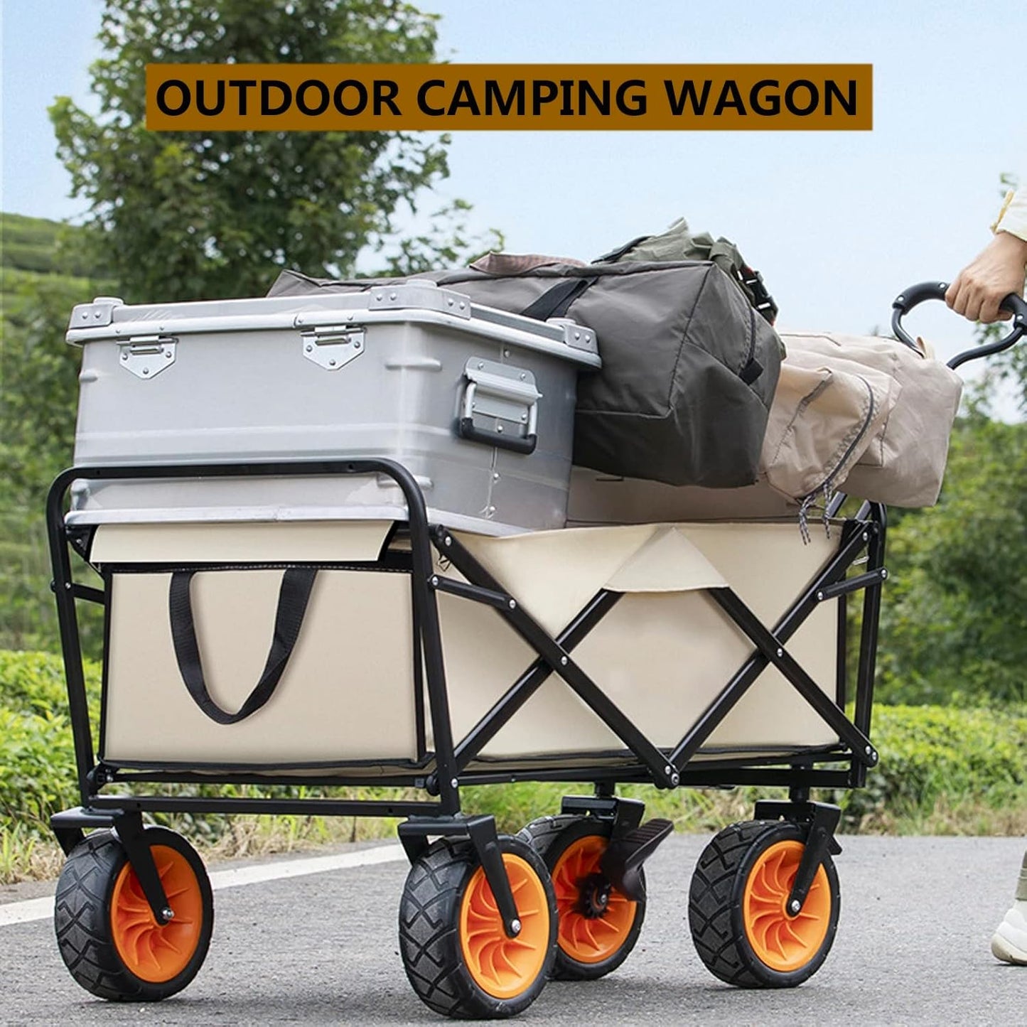 Heavy Duty Collapsible Folding Wagon - Portable All-Terrain Utility Cart for Beach, Garden, Camping & Shopping - Large Capacity Hand Cart with Durable Wheels, Black