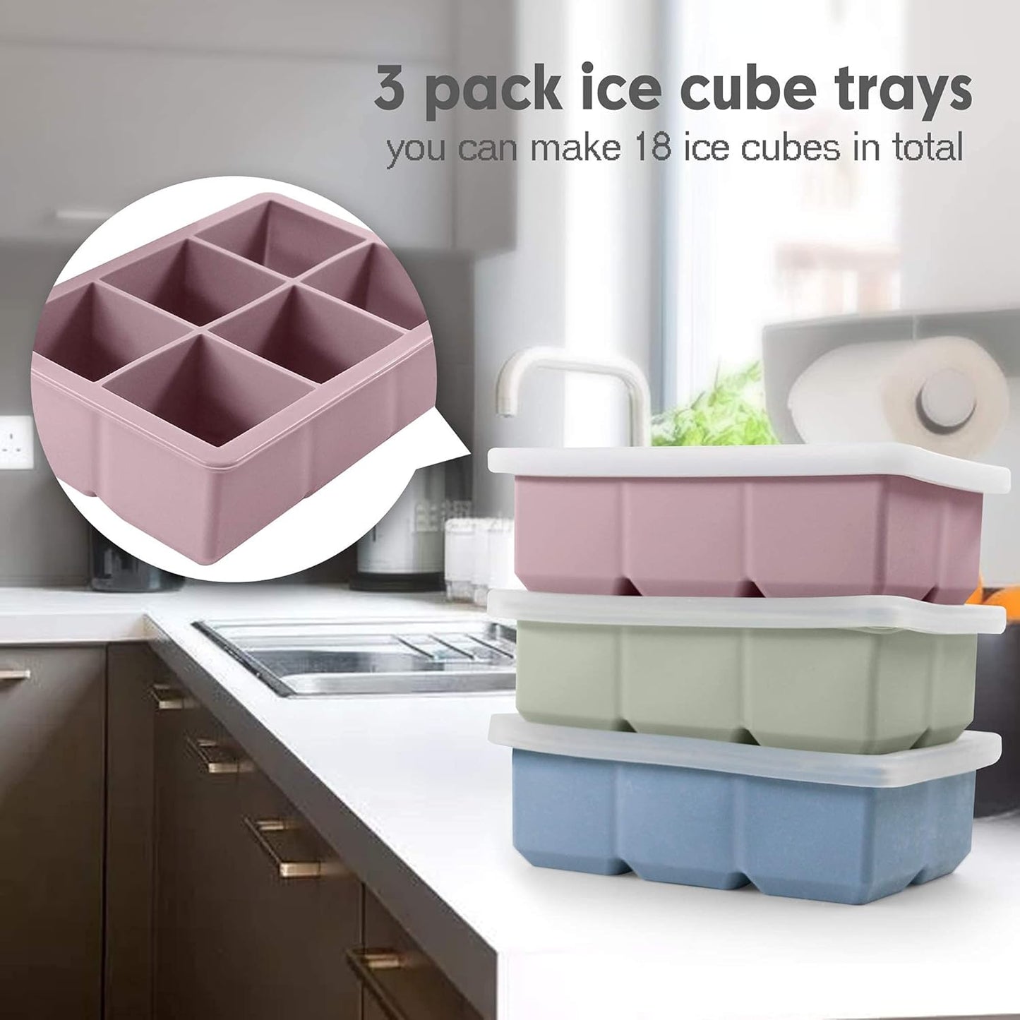 Silicone Ice Cube Trays 3 Pack - Large Size Silicone Ice Cube Molds wi