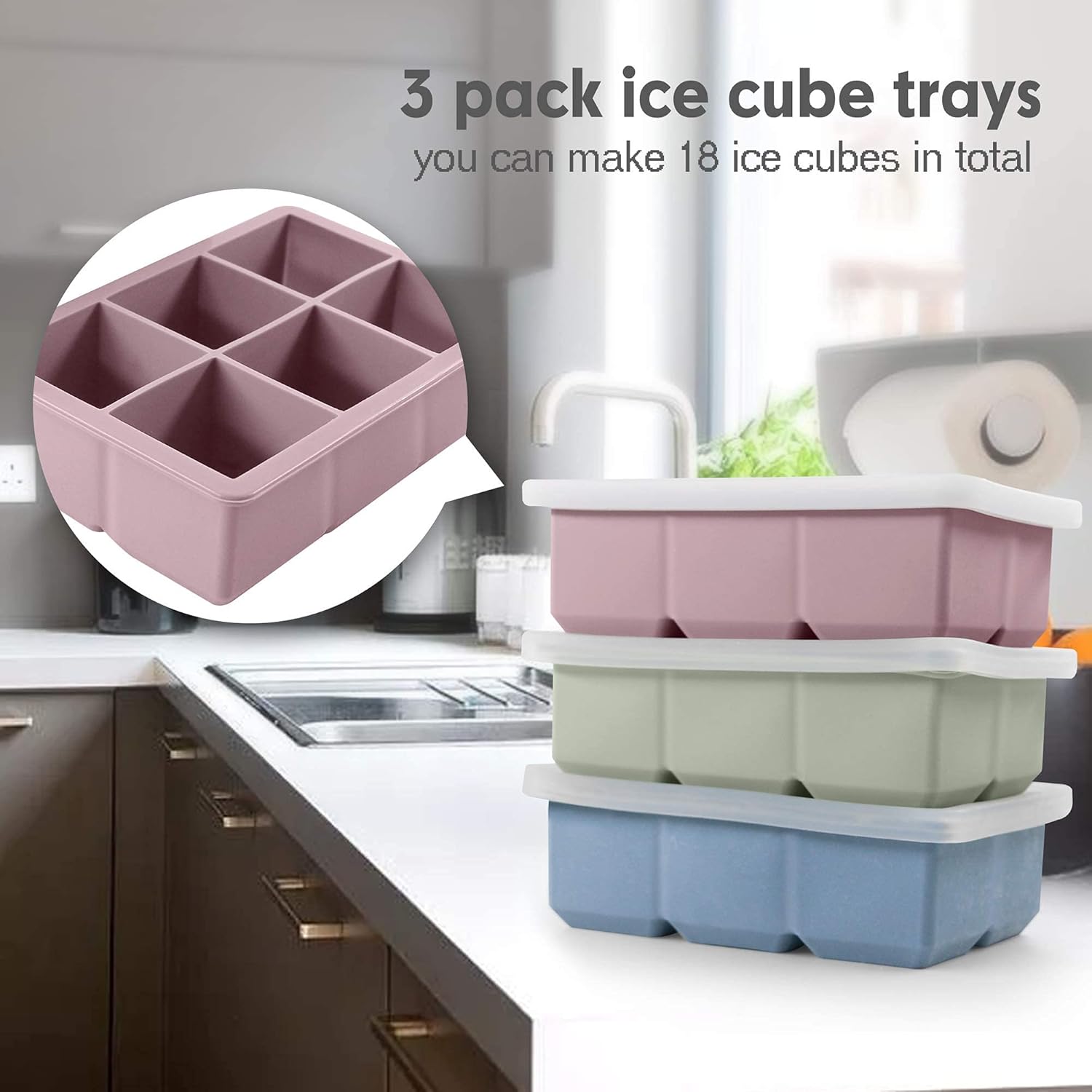 Silicone Ice Cube Trays 3 Pack - Large Size Silicone Ice Cube Molds wi