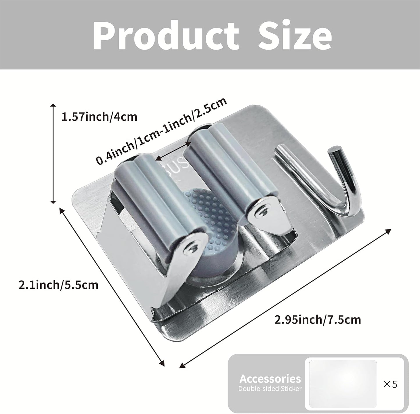 5 Pack Mop and Broom Holder Wall Mount, Silver Stainless Steel Mop and Broom Hanger with Hooks, Mop Broom Organizer for Closet Laundry Garage Garden Tool Organizer (Silver)