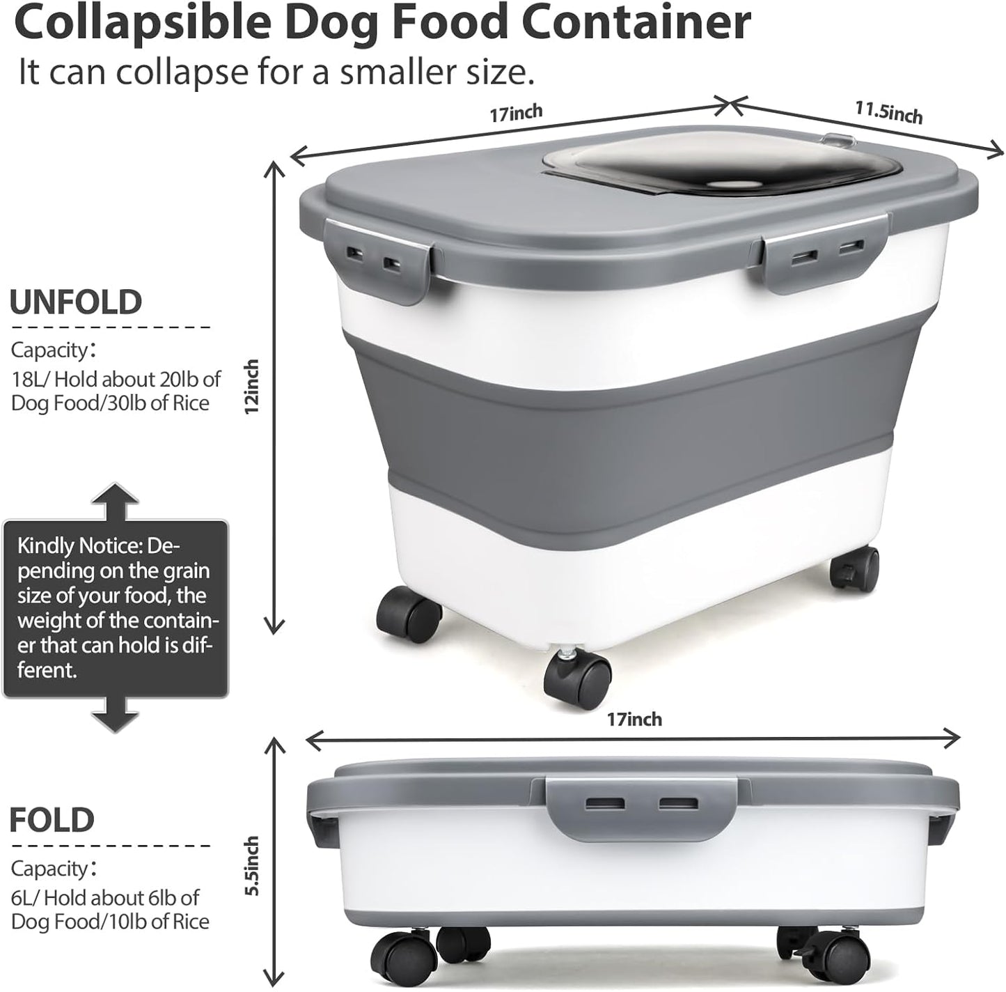 Dog Food Storage Container, 10-20Lbs Collapsible Pet Food Storage Containers with Rolling Wheel Airtight Locking Lid, Dry Food Storage Bin with Cup and Scoop,Suitable for Pet Food, Rice, Flour