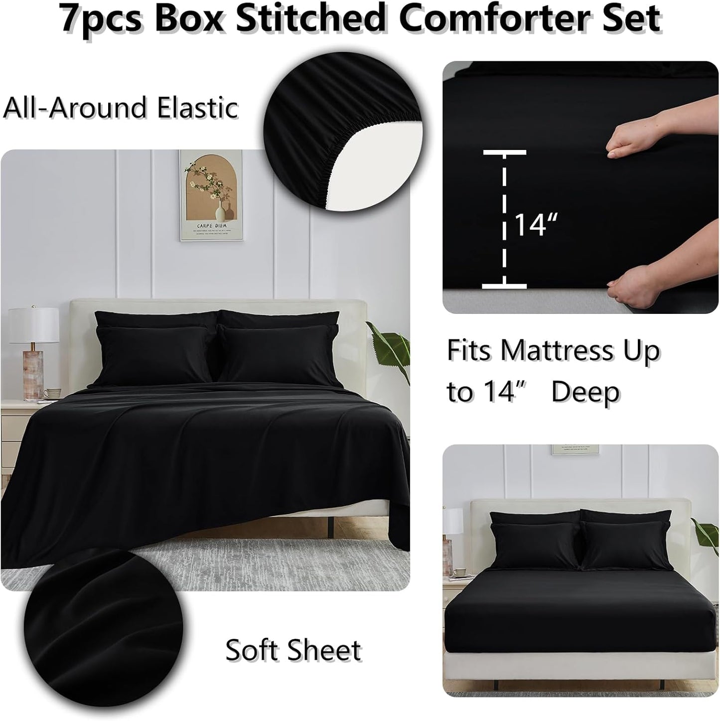 CozyLux Queen Comforter Set Black - 7 Pieces Bed in a Bag Queen, All Season Soft Bedding Set, Oeko-Tex Certified Bed Set with Down Alternative Comforter, Sheets, Pillowcases & Pillow Shams