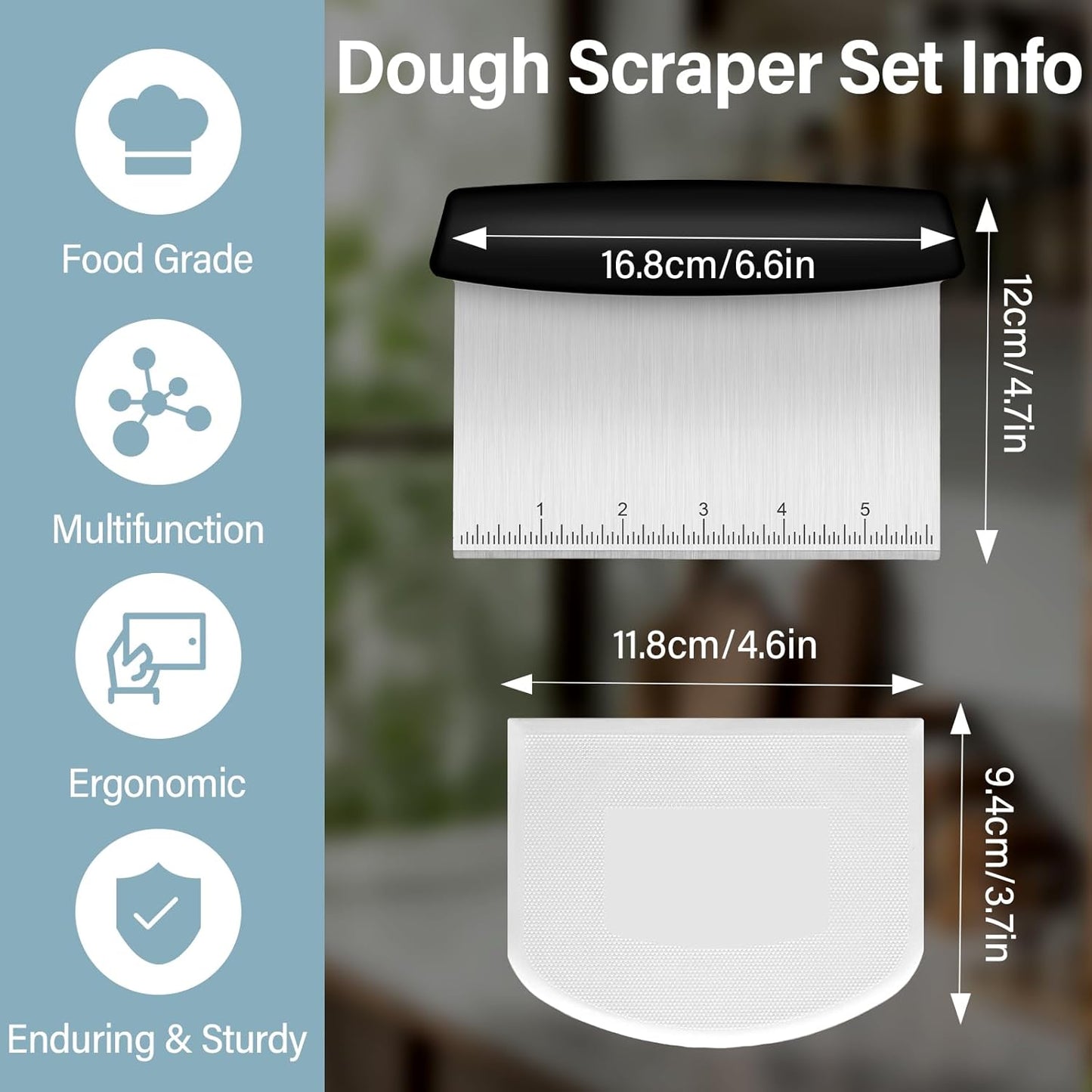 Bench Scraper, Premium Stainless Steel Dough Scraper with 2 PCS Flexible Bowl Scraper, Dough Cutter with Measuring Scale, Versatile Kitchen Scraper Set for Pastry Bread Pizza Cake