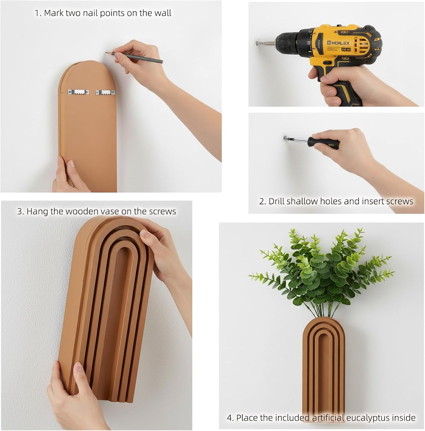 2 Pack Wood Wall Planter Vase Set with Artificial Eucalyptus, Modern Farmhouse Hanging Planters for Indoor Plants, Boho Home Wall Decor for Living Room, Bedroom, Office, Entryway, Hallway, Patio