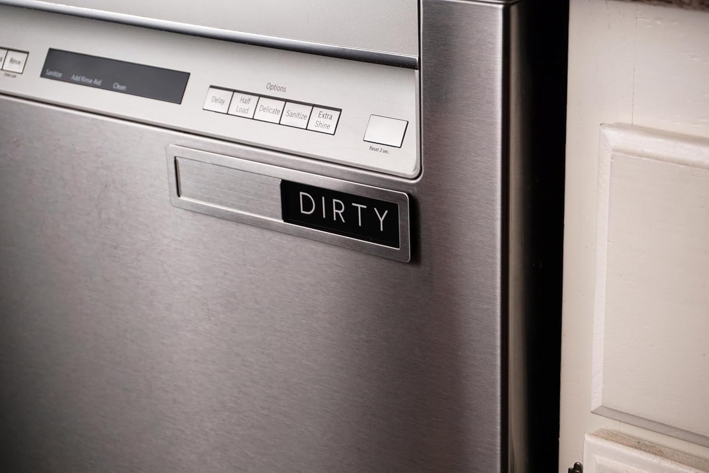Stainless Steel Dishwasher Magnet Clean Dirty Sign - Premium Magnetic Signs That Say Clean/Dirty - Optional Sticker Adhesive for Non-Metal Surface Dish Washers - Black & White Minimalistic Style