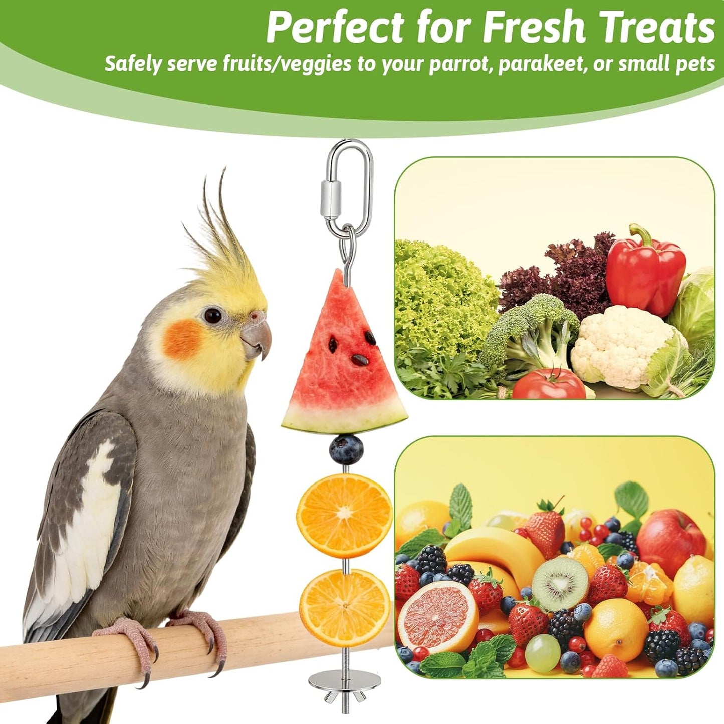 Bird Cage Food Holder, 3 Pcs Bird Treats Skewer Stainless Steel Parrot Foraging Toys Hanging Fruit Vegetable Feeder for Macaw Parakeet Budgie (3 Sizes)