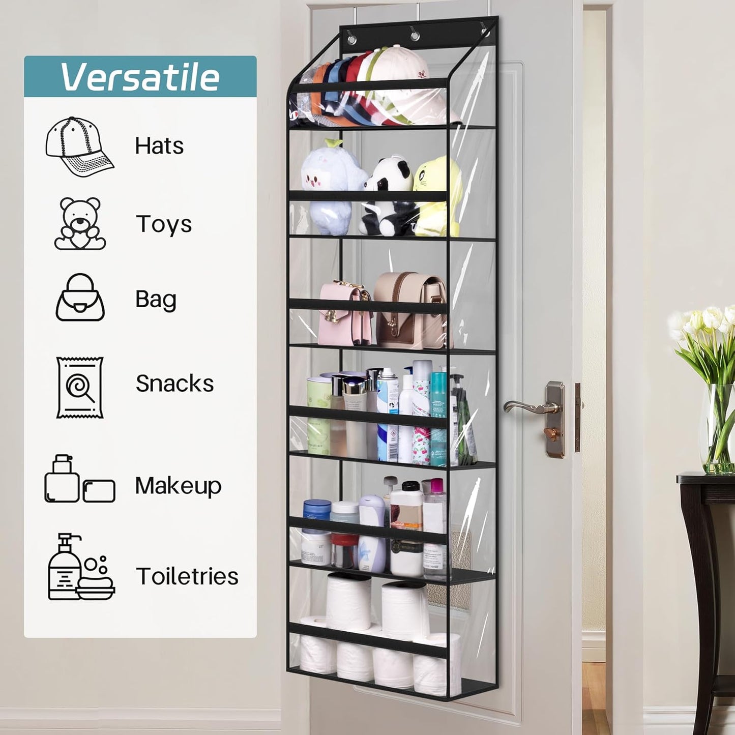 AOODA Clear Over The Door Hat Racks for Baseball Caps, Large Holds up to 72 Caps Hat Storage Organizer for Closet Wall, Deep Pockets Hanging Hat Holder with 3 Hooks, Black