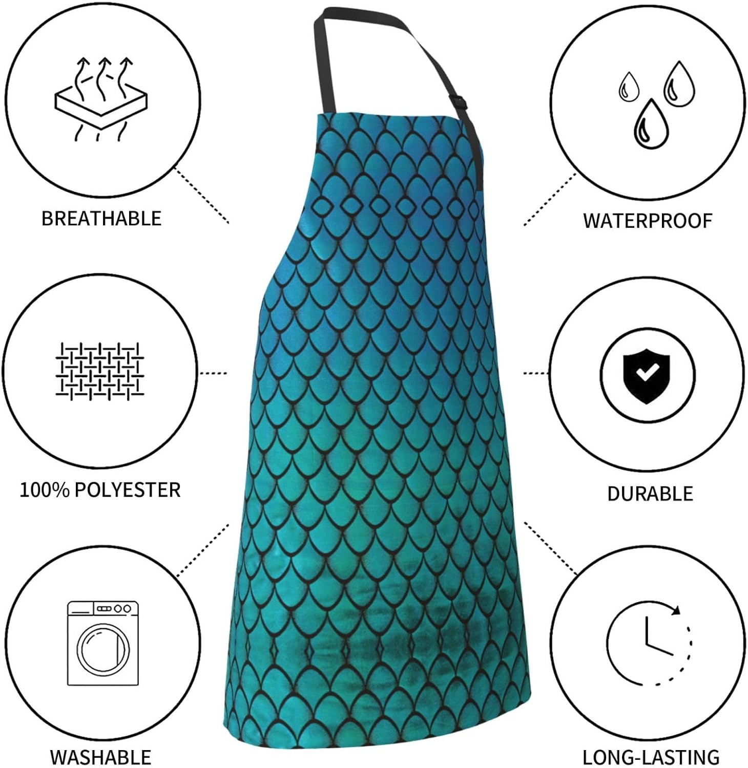 blue fish scale print Waterproof apron with pocket adjustable cooking 